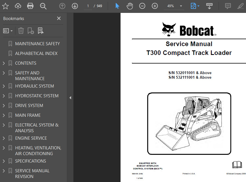 BOBCAT T300 COMPACT TRACK LOADER OPERATORS SERVICE REPAIR SHOP MANUAL PDF USB
