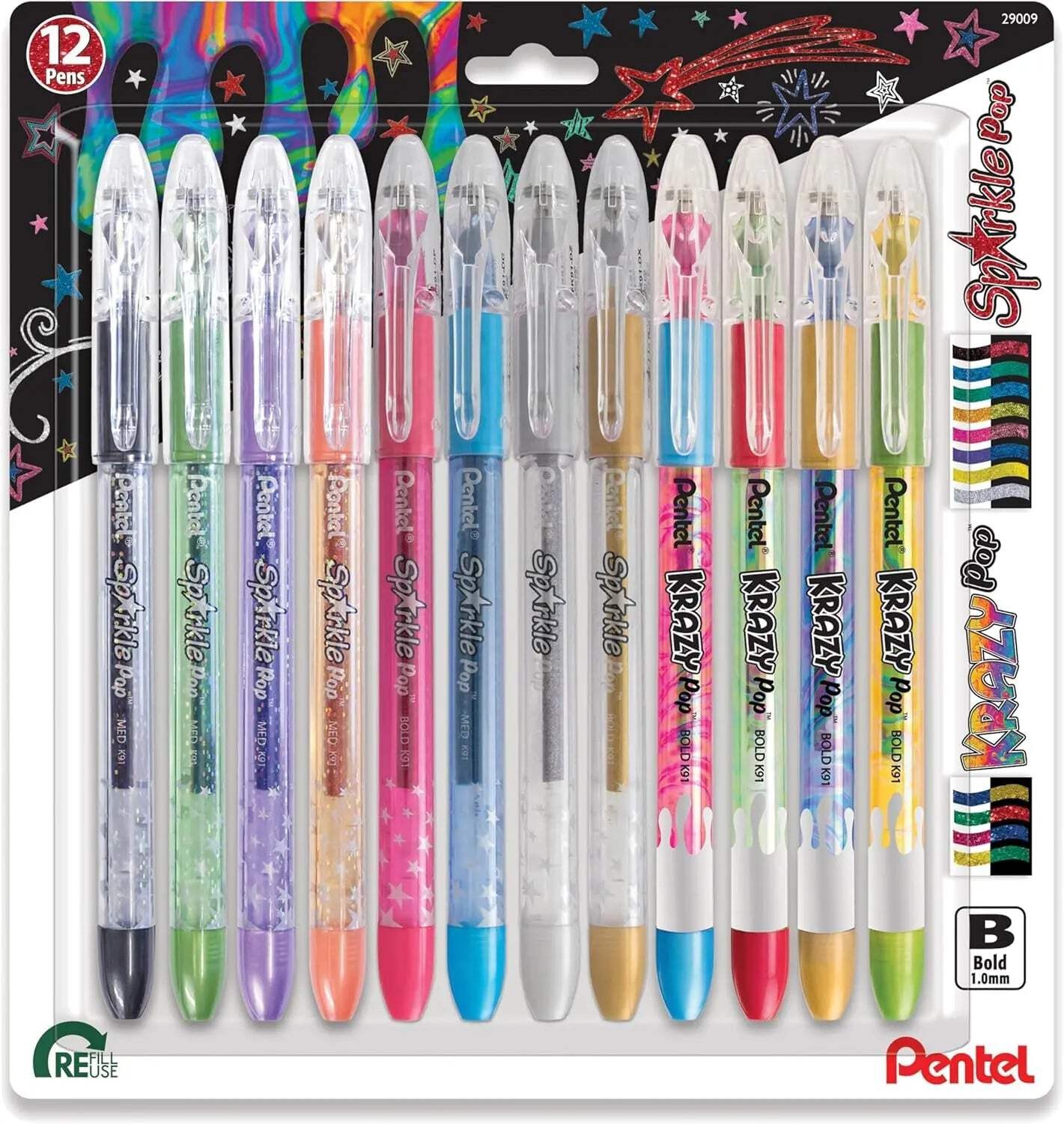 Pentel Sparkle and Krazy Pop, Metallic Gel Ink Pen, (1.0mm), Bold Line, Assorted