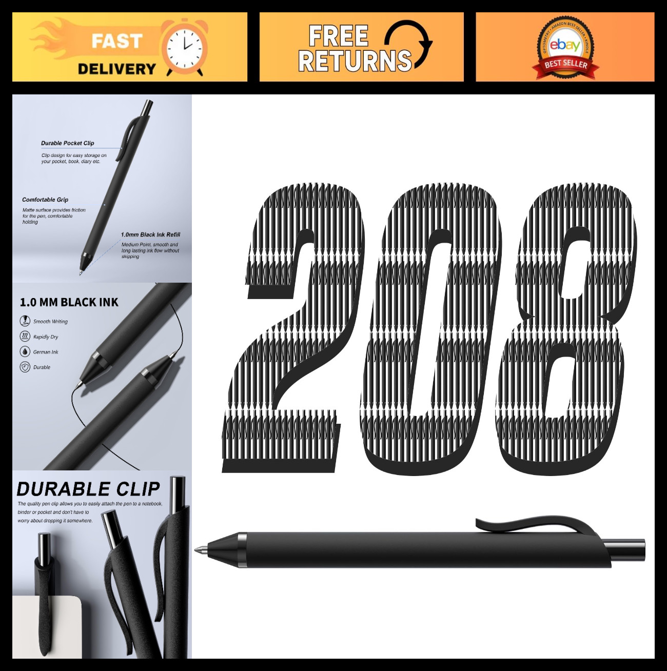 208 Pack Black Retractable Ballpoint Pens – 1.0mm Medium Point, No Bleed Ink, Sm