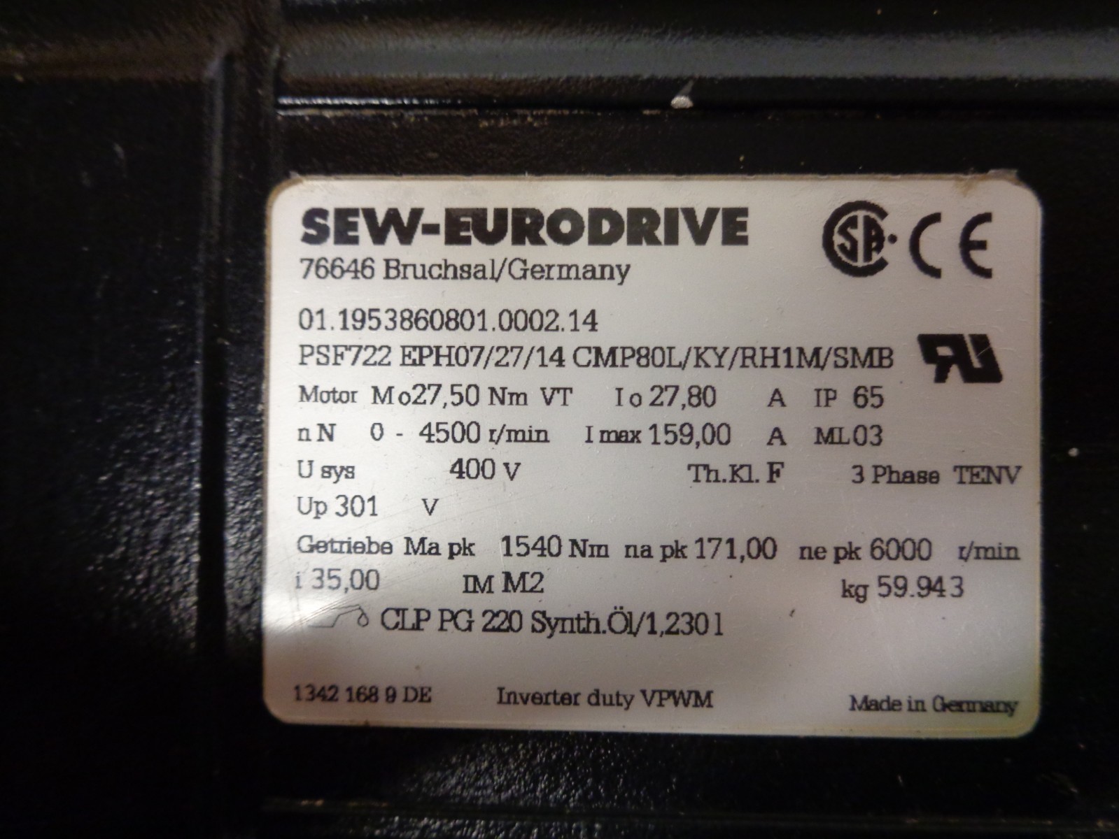 SEW-EURODRIVE PSF722EPH07/27/14CMP80L/KY/RH1M/SMB SERVO MOTOR 400V 3PH 4500RPM