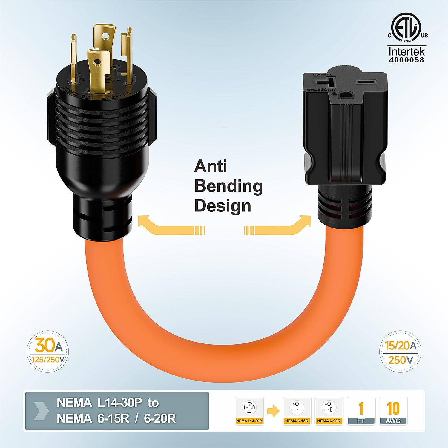 1FT Nema L14-30P 30Amp Locking Plug Male to 6-20R T-Blade Adapter, STW Black