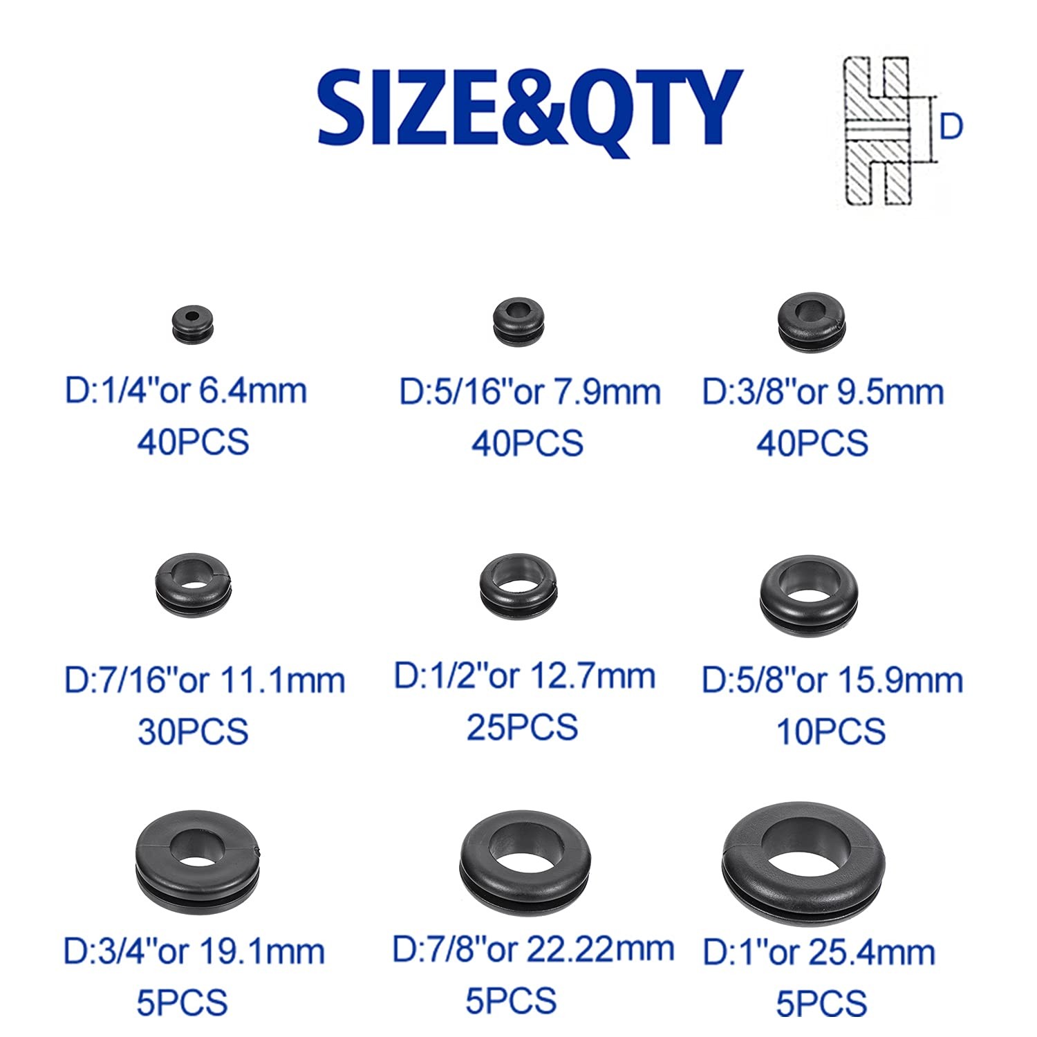 200 Pcs Hollow Rubber Grommet Firewall Hole Plug Assortment Rubber Grommet Kit 1
