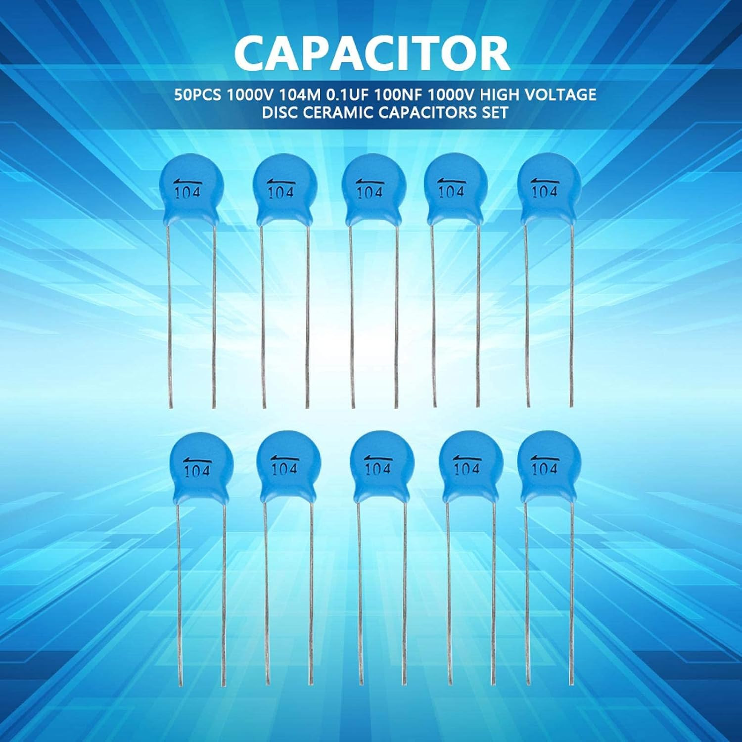 50Pcs Ceramic Capacitor, 1000V 104M 0.1Uf 100Nf High Voltage Disc Ceramic Capaci
