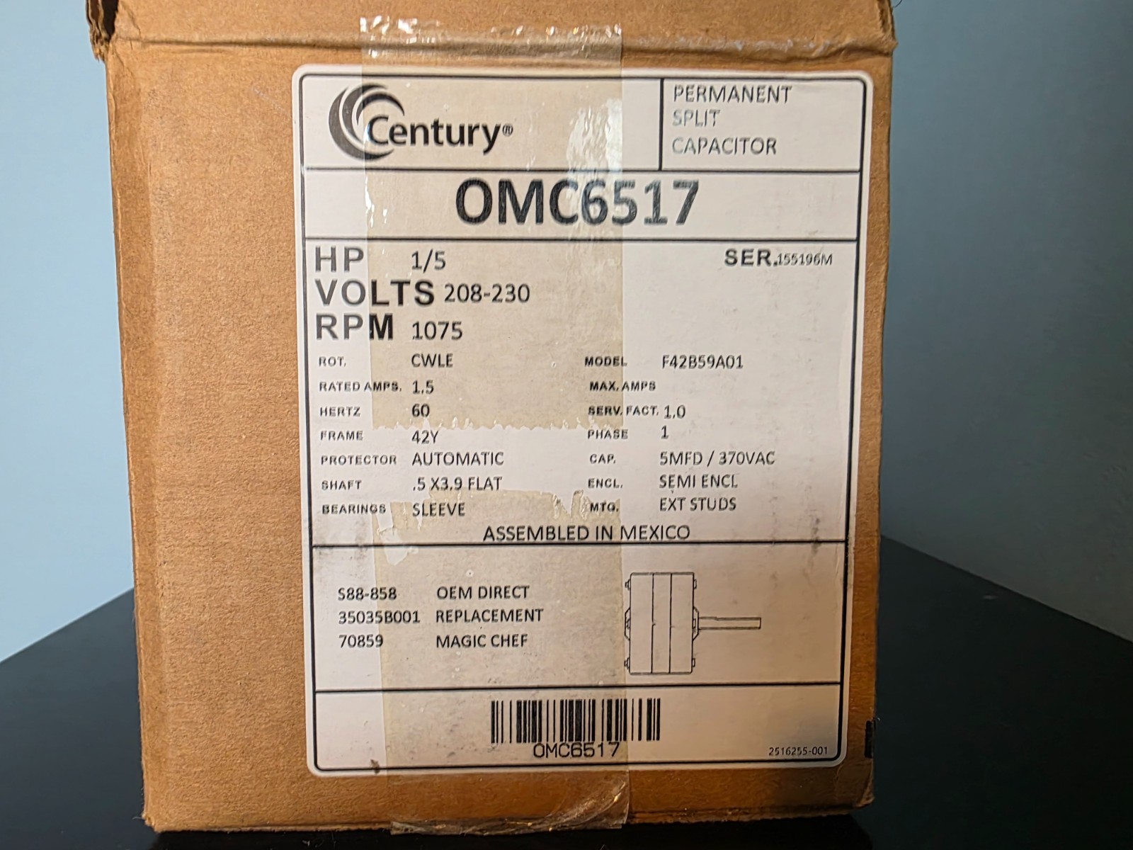 Century OMC6517 HVAC Condenser Motor 1/5 HP 1075 RPM Single Phase 208-230V NEW