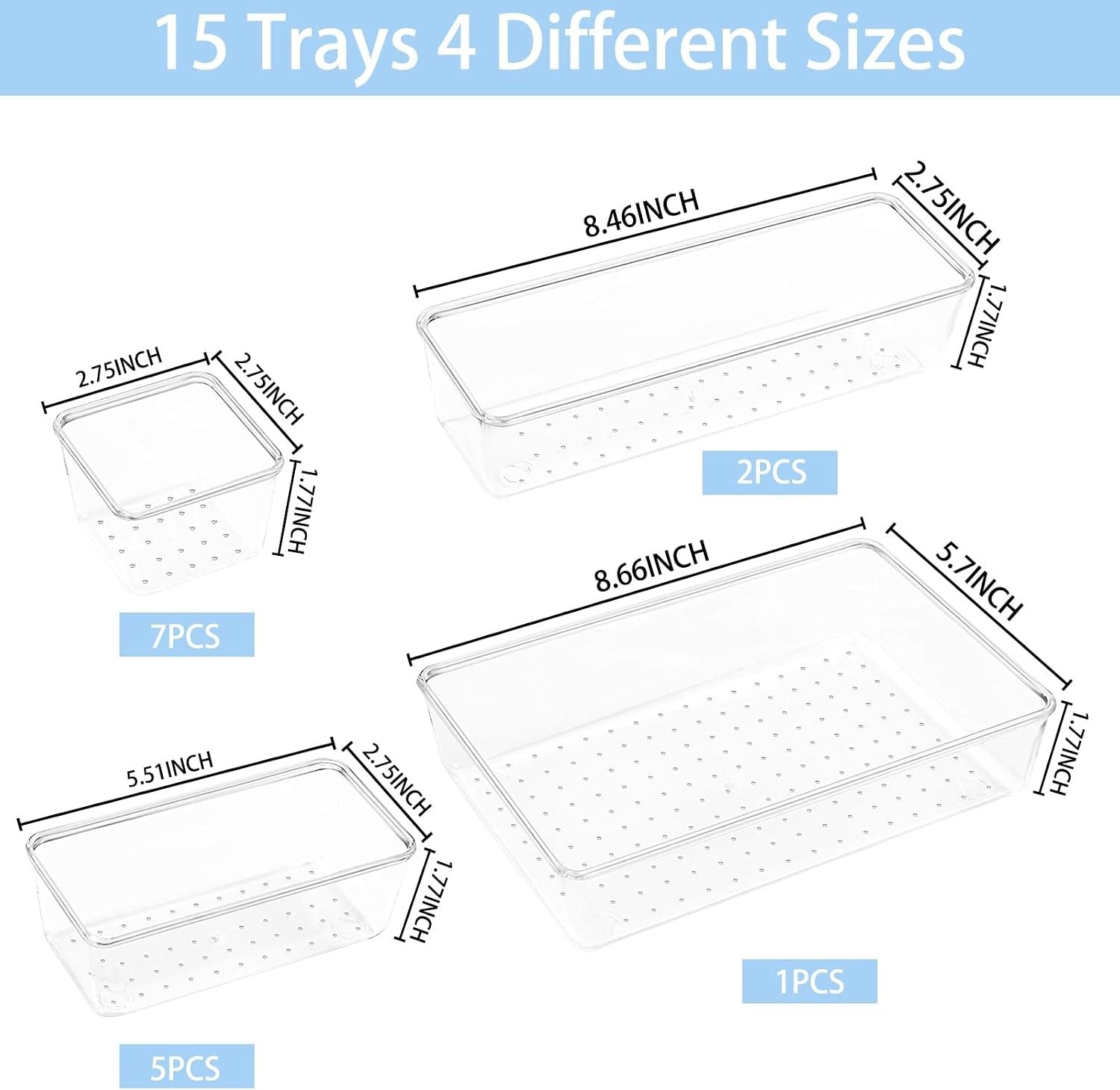 15 Piece Clear Drawer Organizer Set 4 Size Plastic Storage Bins for Desk Kitchen