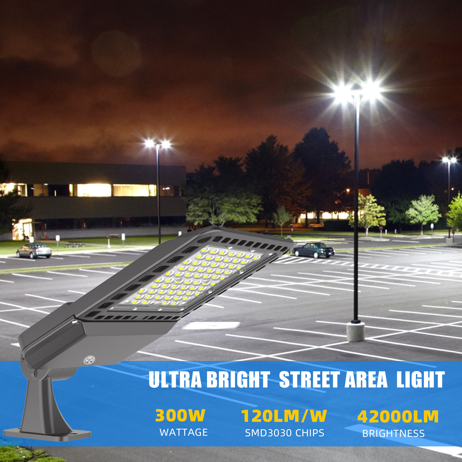 LED Parking Lot Lighting Shoebox Street Pole Light Dusk to Dawn 300W Arm Mount
