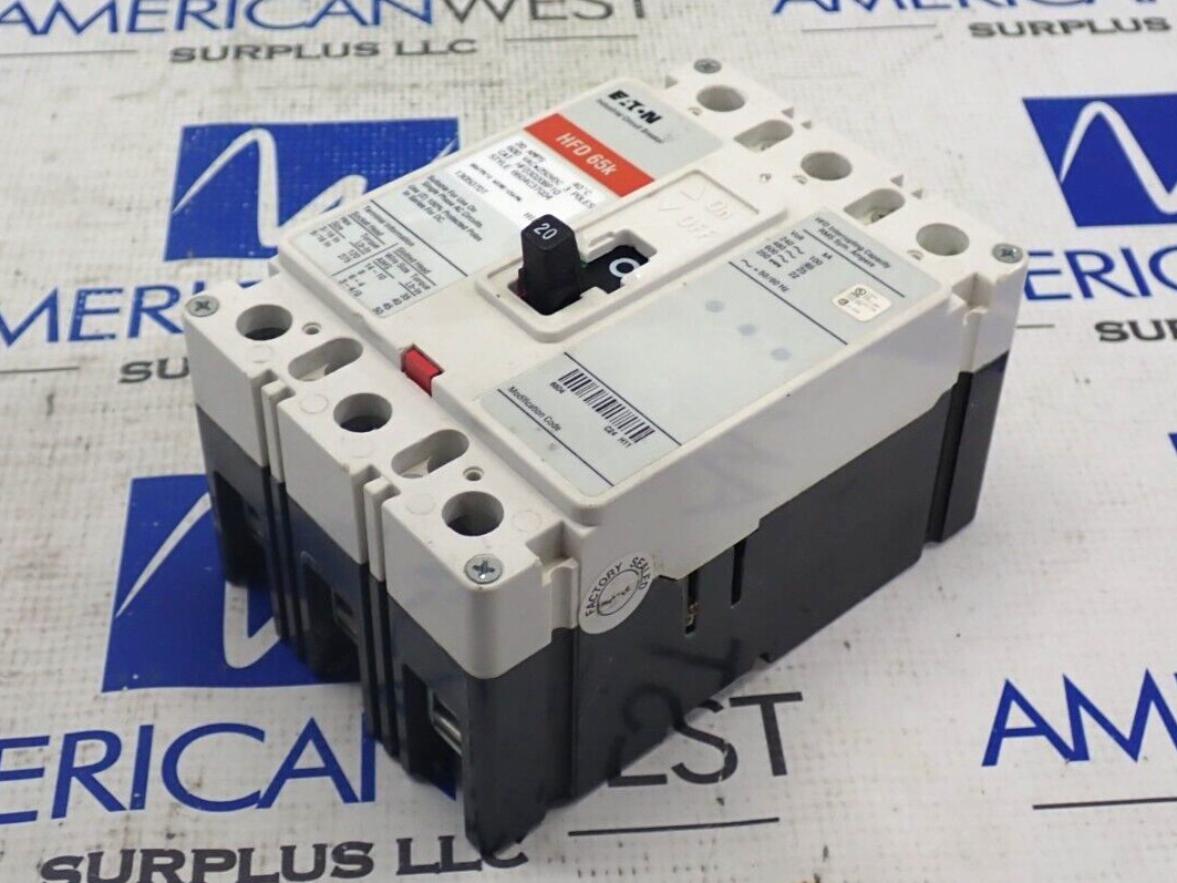 Eaton HFD3020 3 Pole 20 Amp 600 Volt 65kA@480V HFD Circuit Breaker – Tested