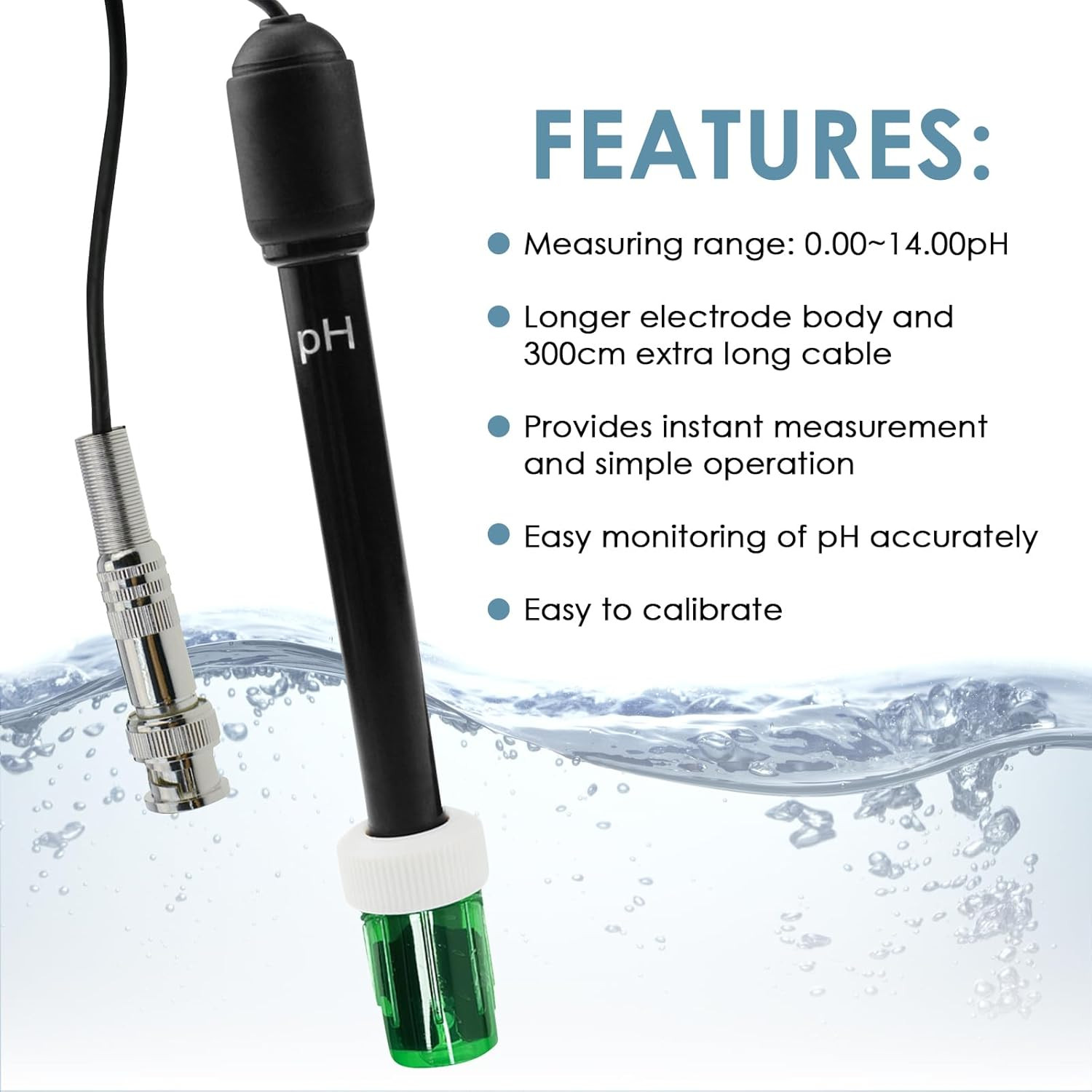 0-14 Ph Electrode Probe, Ph Meter with Replacement BNC Connector and 300Cm Cable
