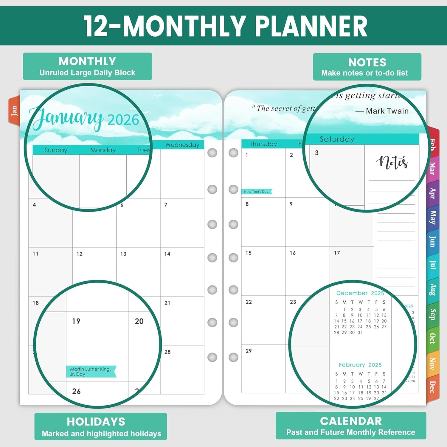 2026 Calendar Planner Inserts A5 5.5 Inch x 8.5 Inch with Flexible Removal Tabs