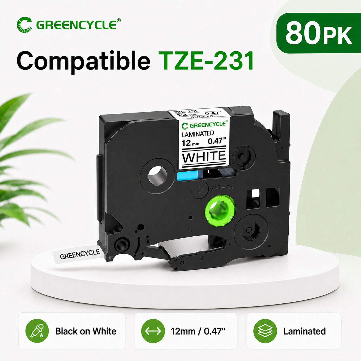 80PK TZe231 TZ231 Label Tape 12mm 0.47in Black White for Brother PT-1280 PT-1880