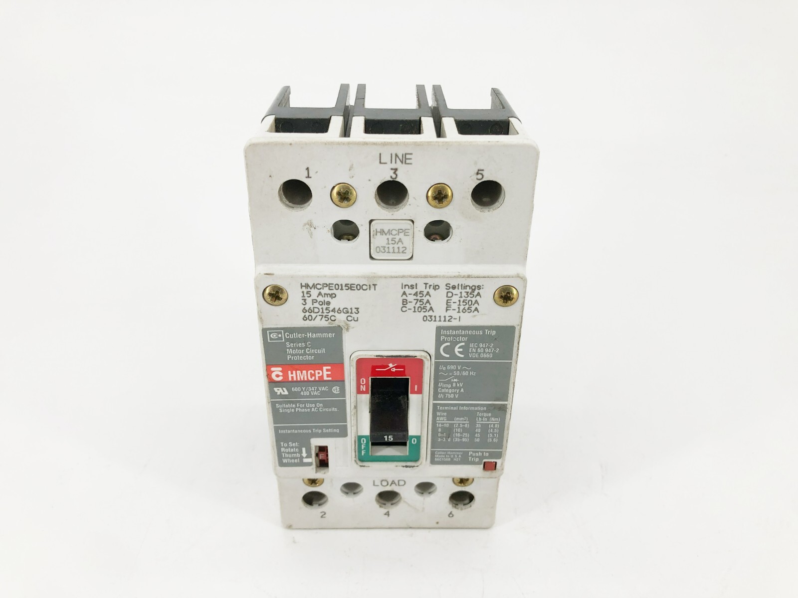 Cutler Hammer HMCPE015E0CIT Motor Circuit Protector Breaker 3P 480V 15A