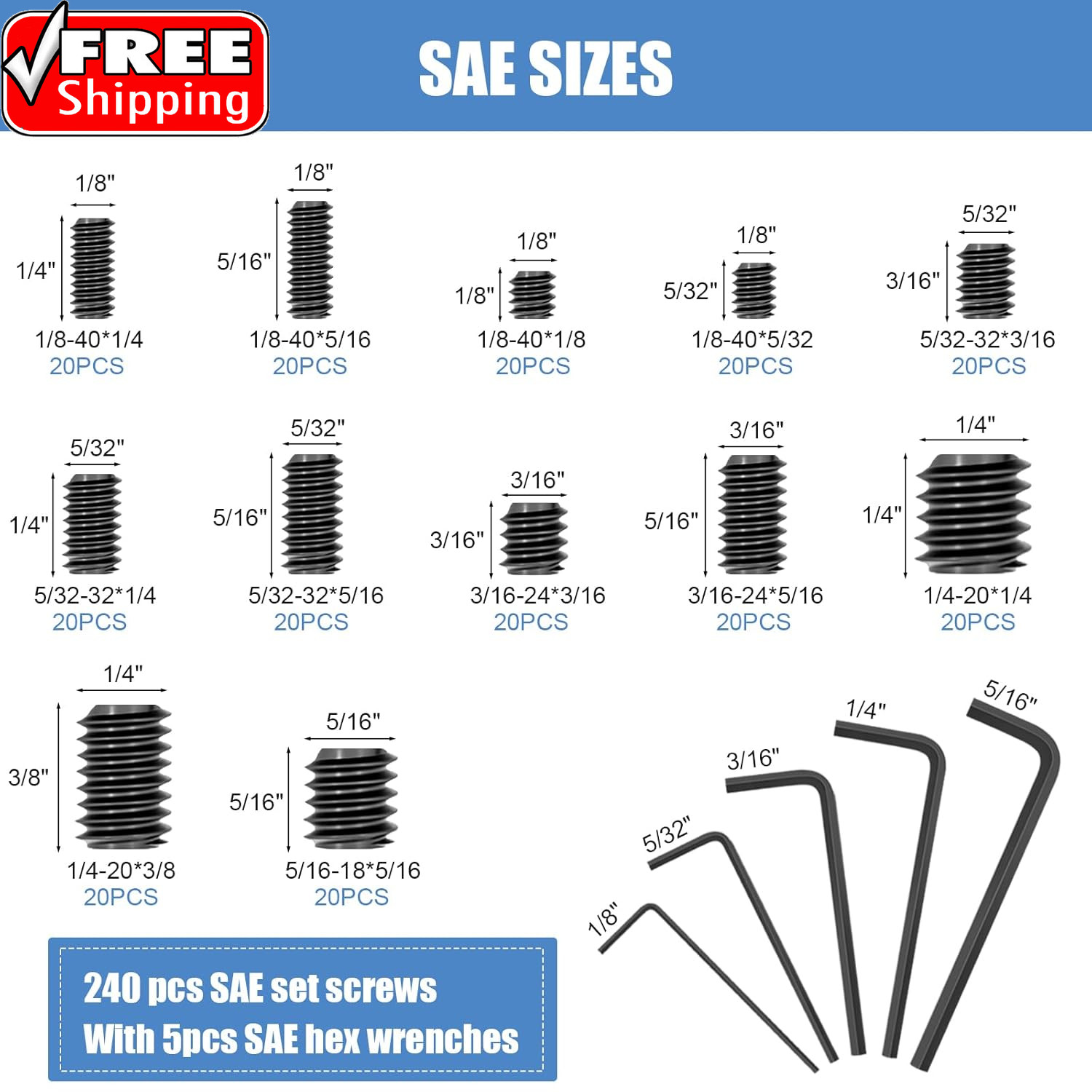 560PCS 25 Sizes Metric & SAE Set Screw Assortment Kit,12.9 Class Alloy Steel Int