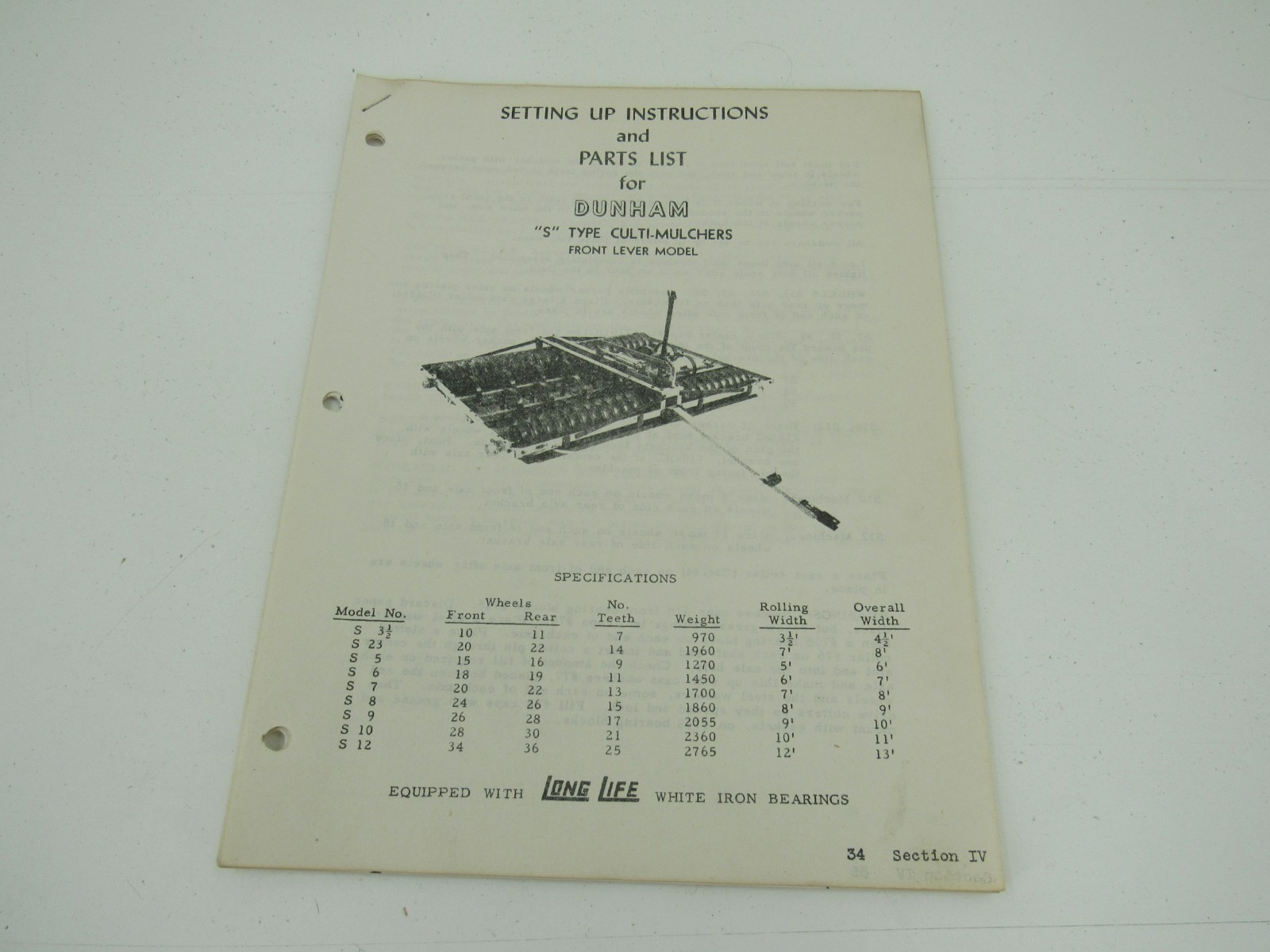 Dunham S Type Cultimulcher Set Up Instructions and Parts List Manual