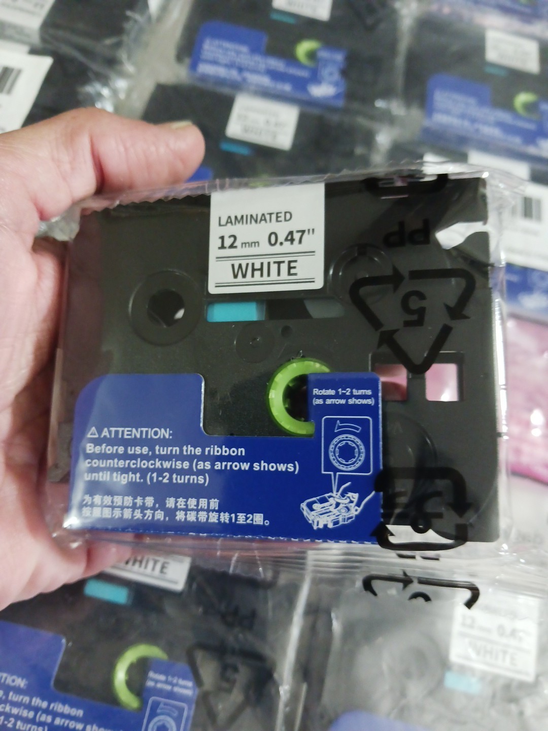 Laminated label tape 12mm 0.47″ white 231 black ink cartridge. Lot of 24 P-touch