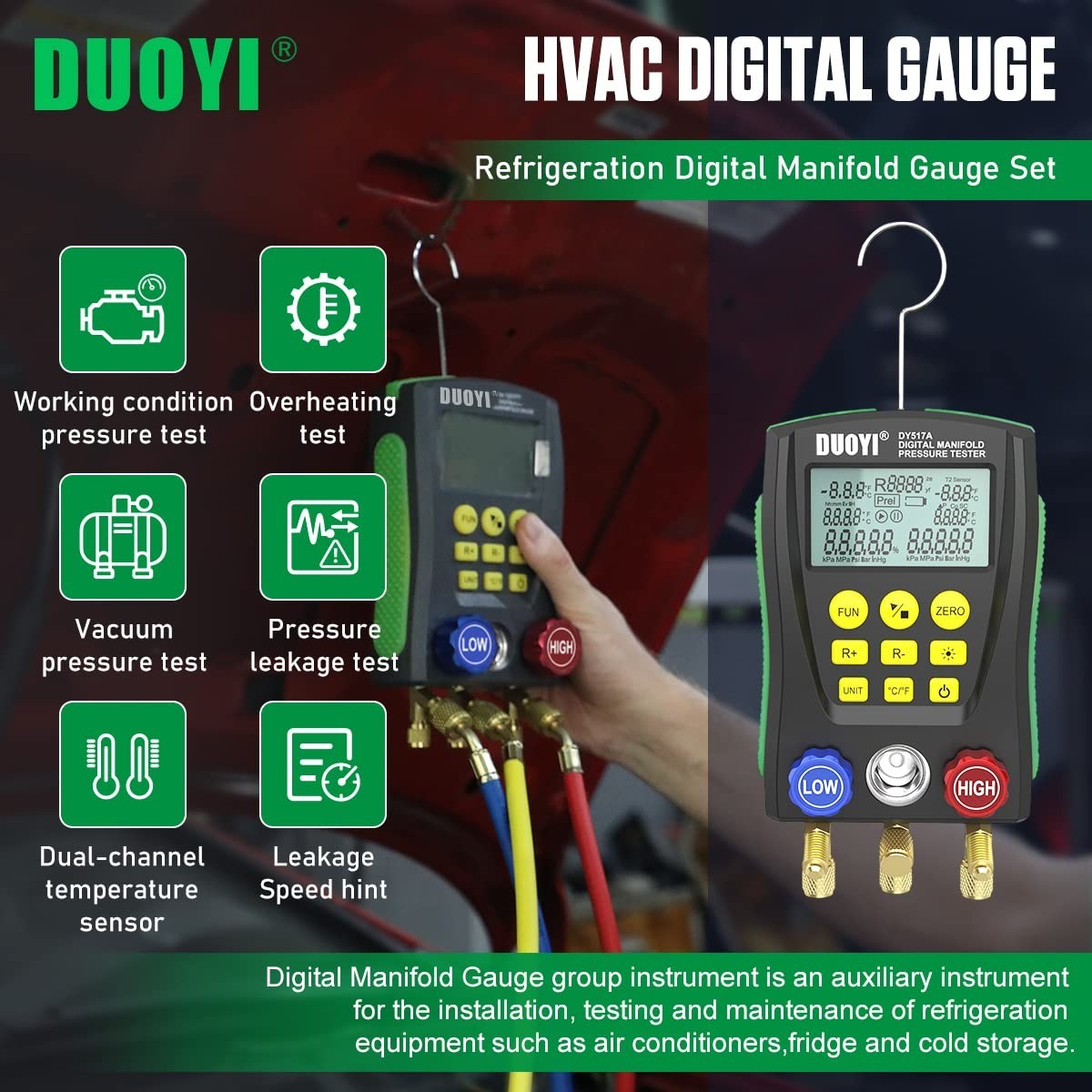 Large LCD Digital Manifold Gauge Set with Multi-Unit Switching for HVAC Systems