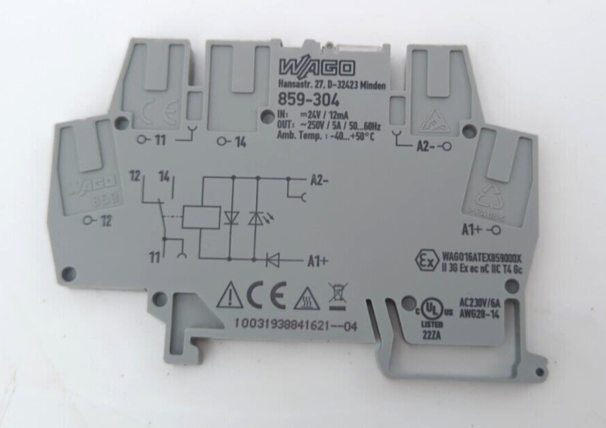 Wago 859-304 power relay, SPDT, 24 VDC, 5 A, DIN Rail, non-latching Used