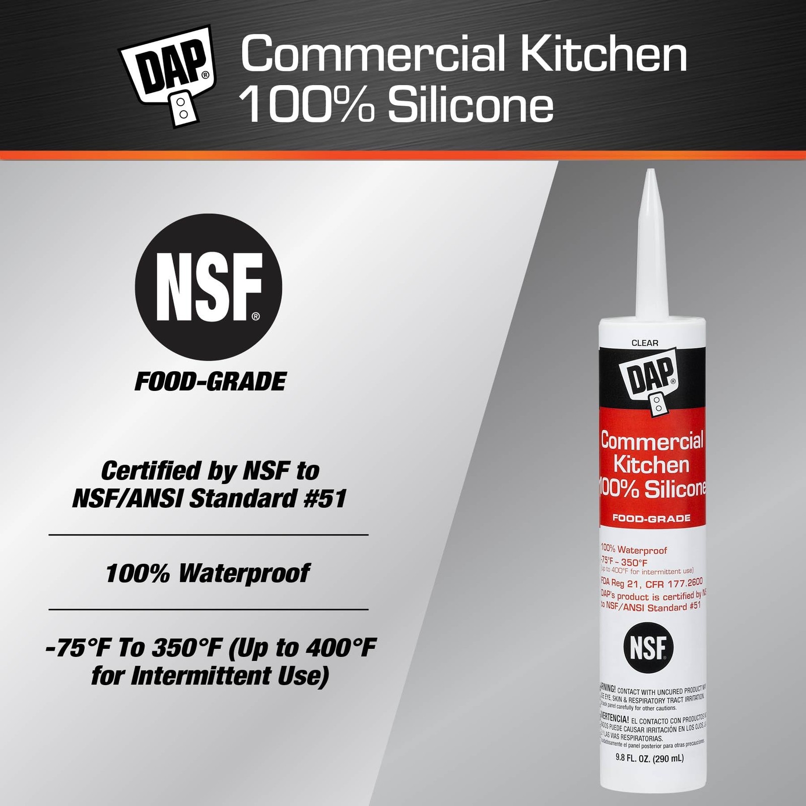 DAP Commercial Kitchen 100% Silicone Sealant, Clear, 9.8 Oz Oz, Clear