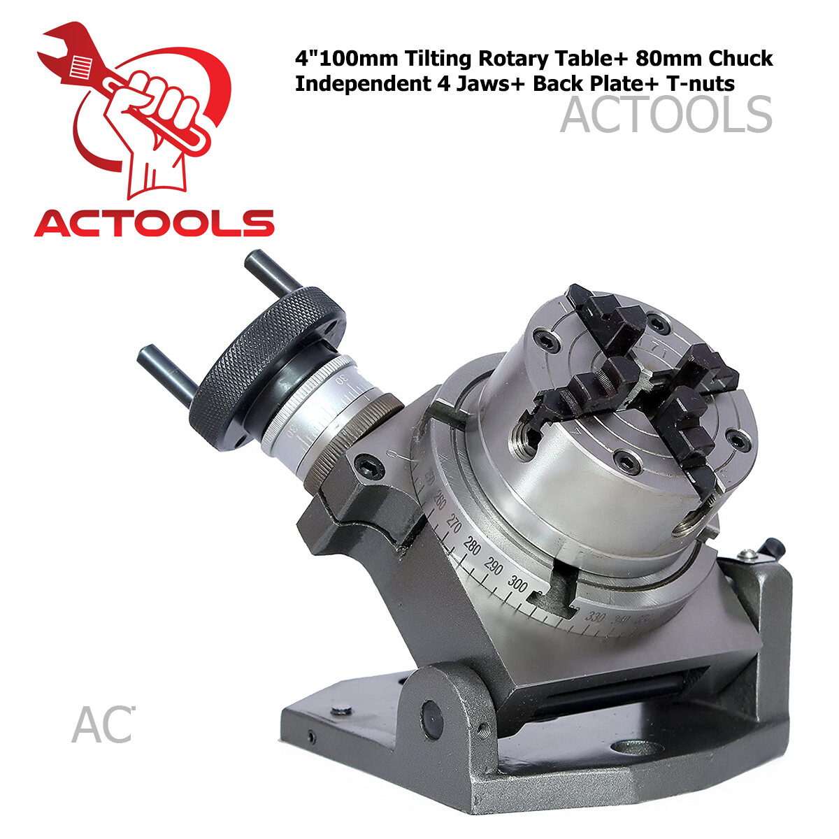 Tilting Rotary Table 4″100mm + 80mm Chuck Independent 4 Jaws+ Back Plate+ T-nuts