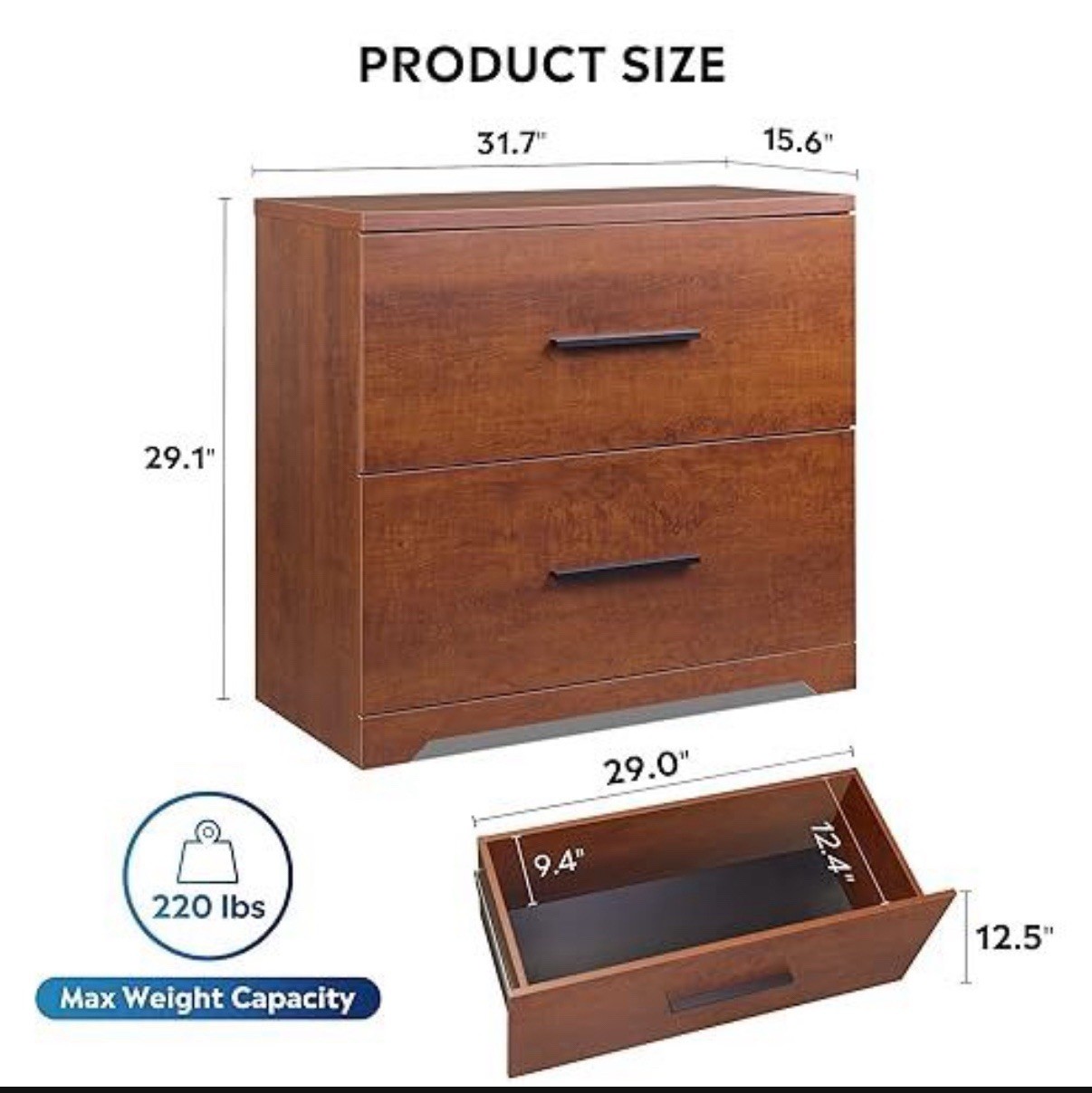 2 Drawer Lateral File Cabinet Walnut Wood Finish Fits Legal Letter A4 Files