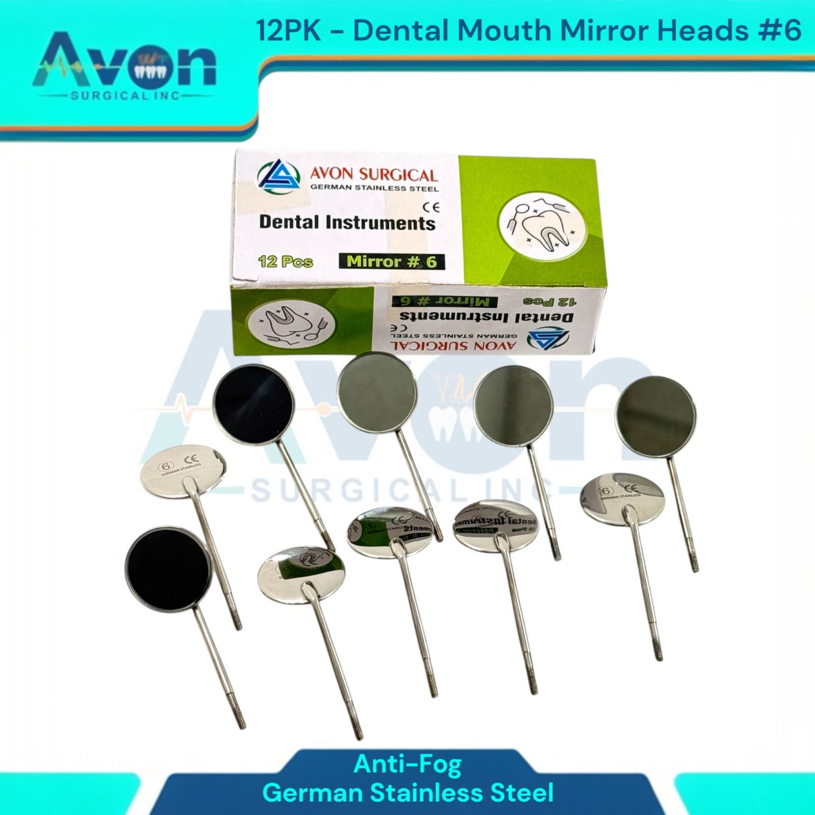 #6 Mouth Mirror Heads for Oral Examinations, Cone Socket, Anti-Fog – Pack of 12
