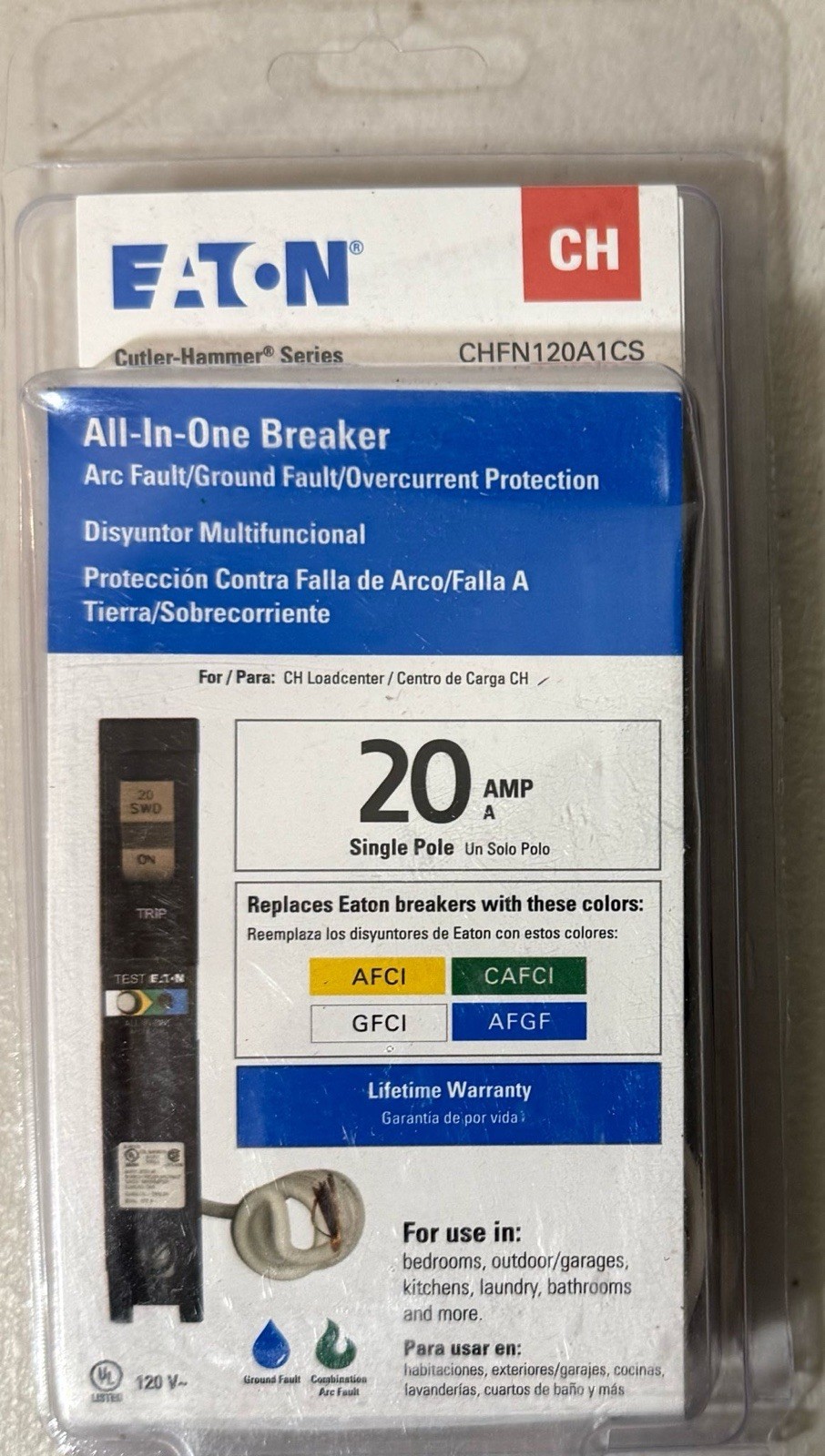 Eaton CHFN120A1CS All-In-One Breaker Arc Fault/Ground Fault/Overcurrent