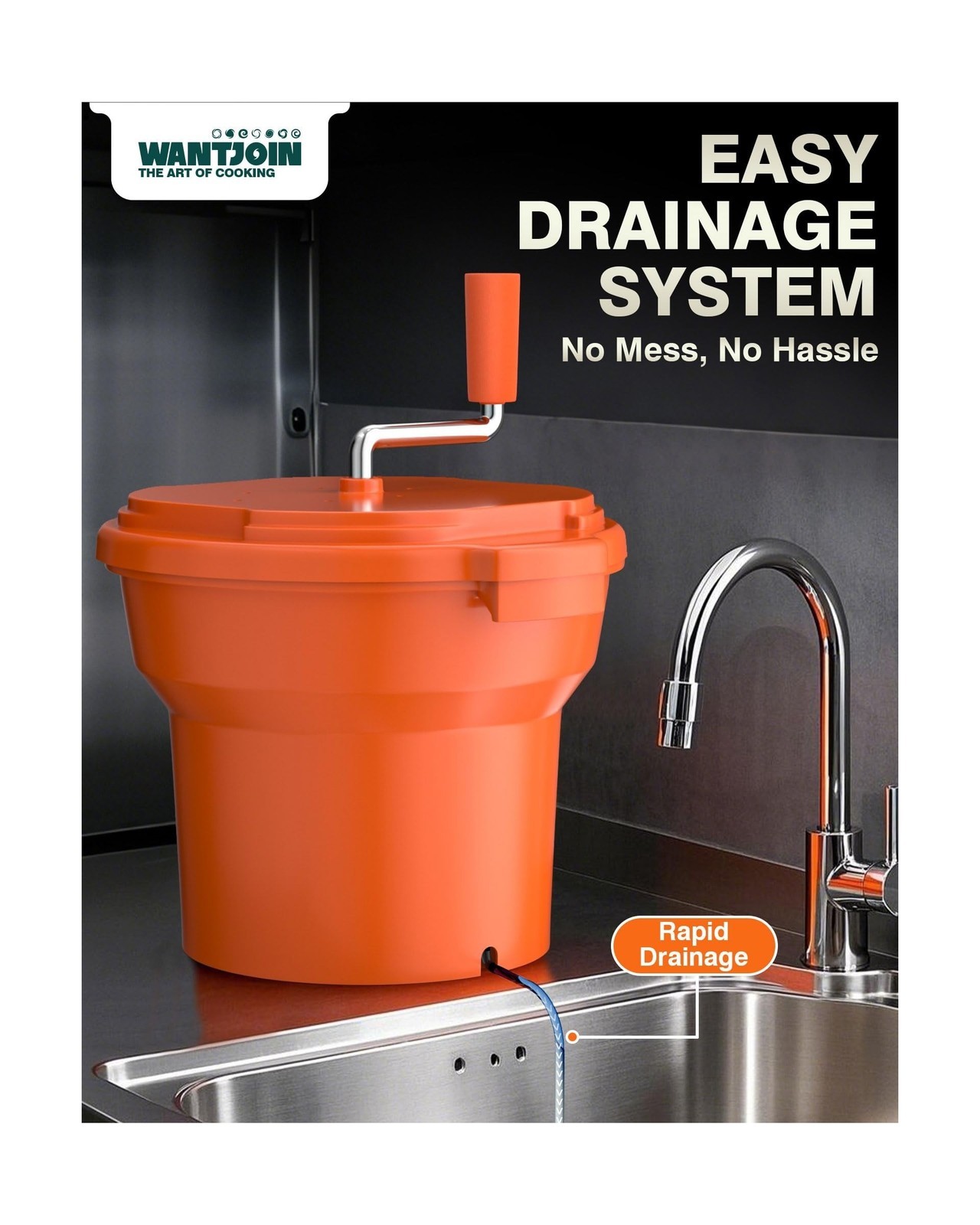 Salad Spinner, 2.5Gal Dryer w/ Alum Handle & Drain, 10Qt, for 3 Heads
