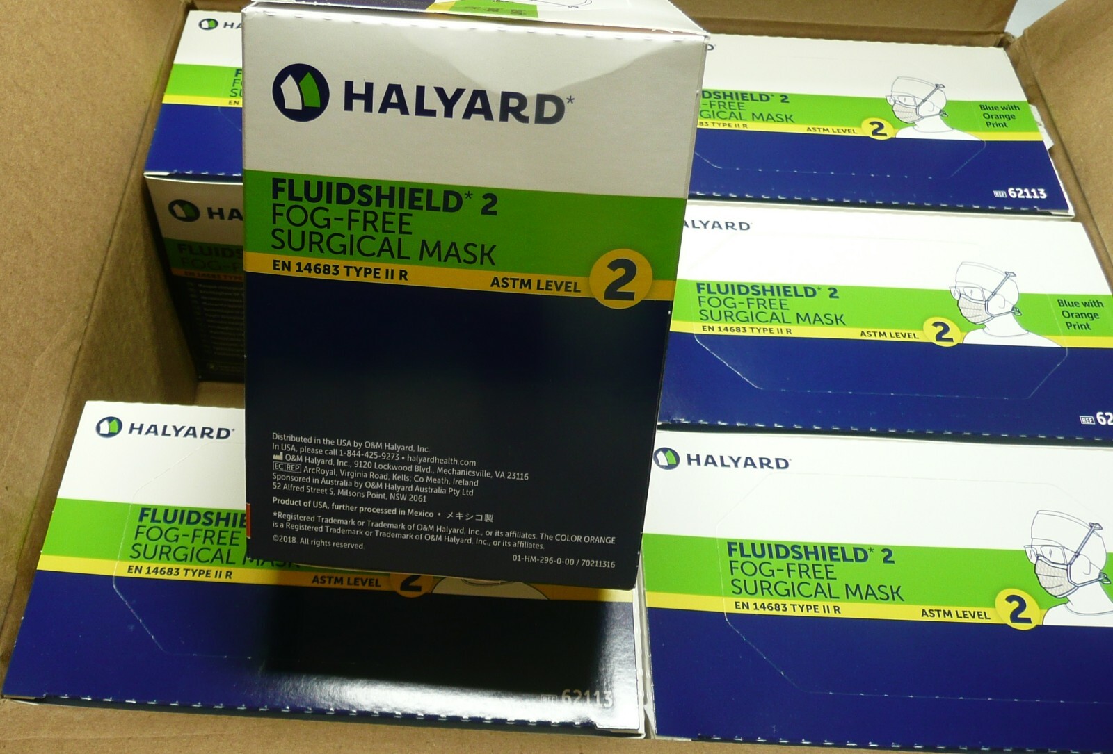 Halyard 62113 Fluidshield 2 Blue with Orange Masks (box of 50), Exp 02/2025