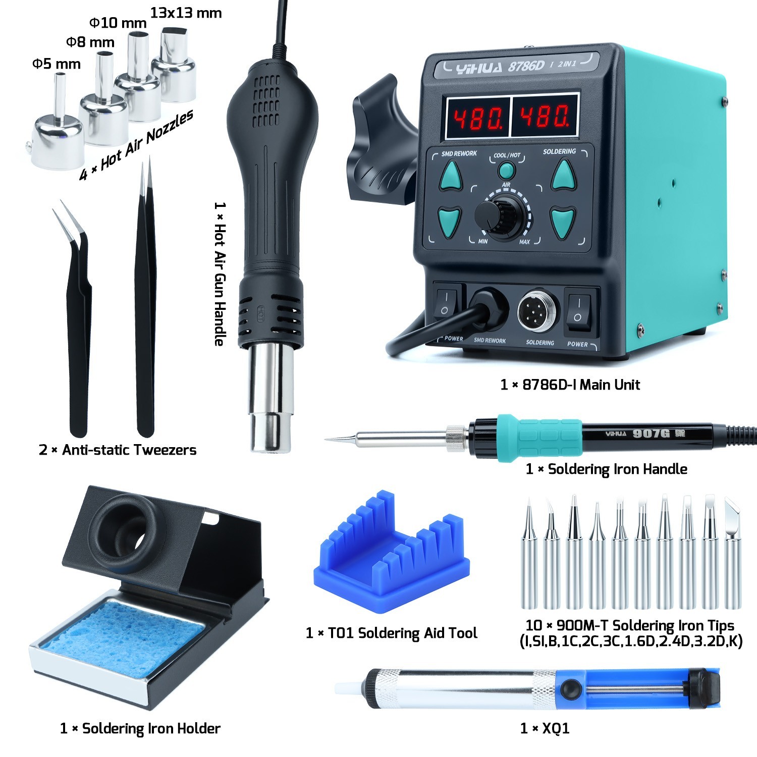 YIHUA 8786D-I Digital Hot Air Rework Station with Soldering Station Complete Kit