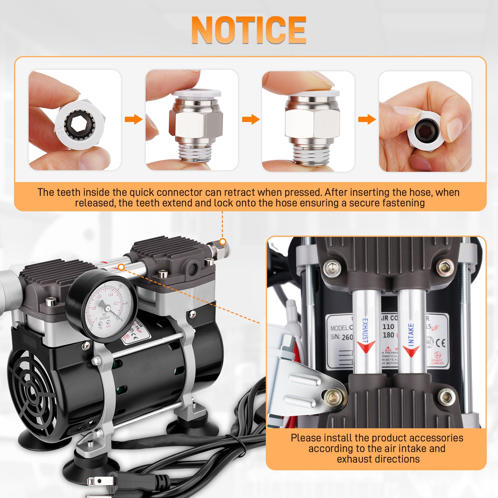 180W 50L/Min Vacuum Pump Lab Vacuum Pump w/ Switch Pressure Gauge Silencer Hose