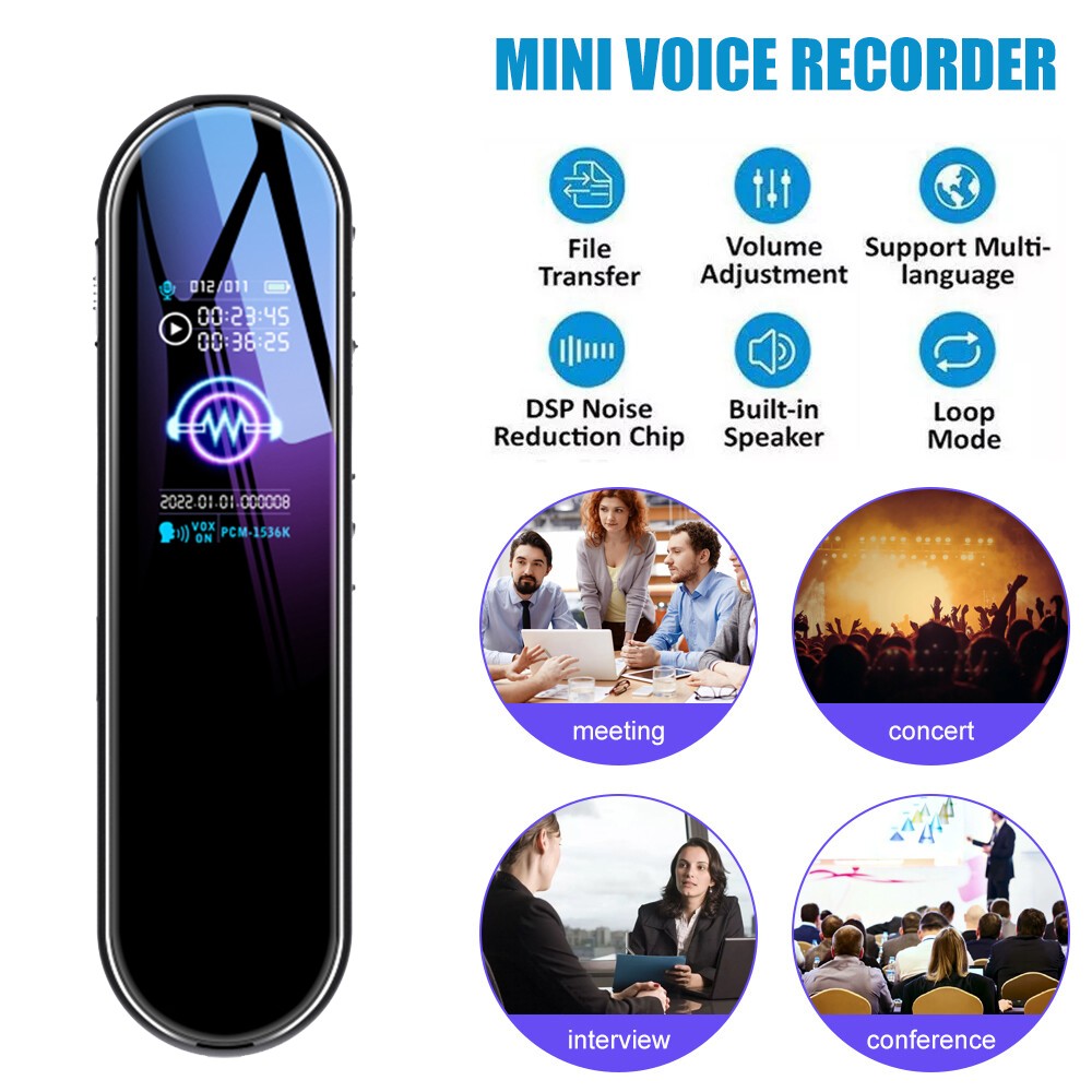 Digital Voice Recorder Dictaphone MP3 Player 1536Kbps Noise Cancelling 24H Work