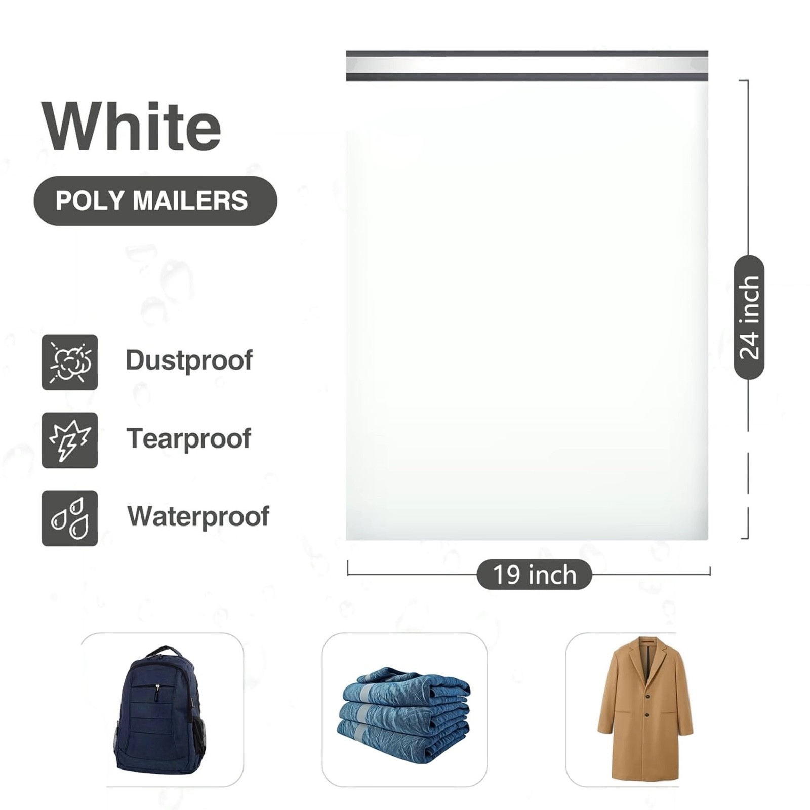 «50 COUNT» LARGE POLY MAILERS 19″x24″ White, SELF SEALING SHIPPING BAGS, 2.5 MIL