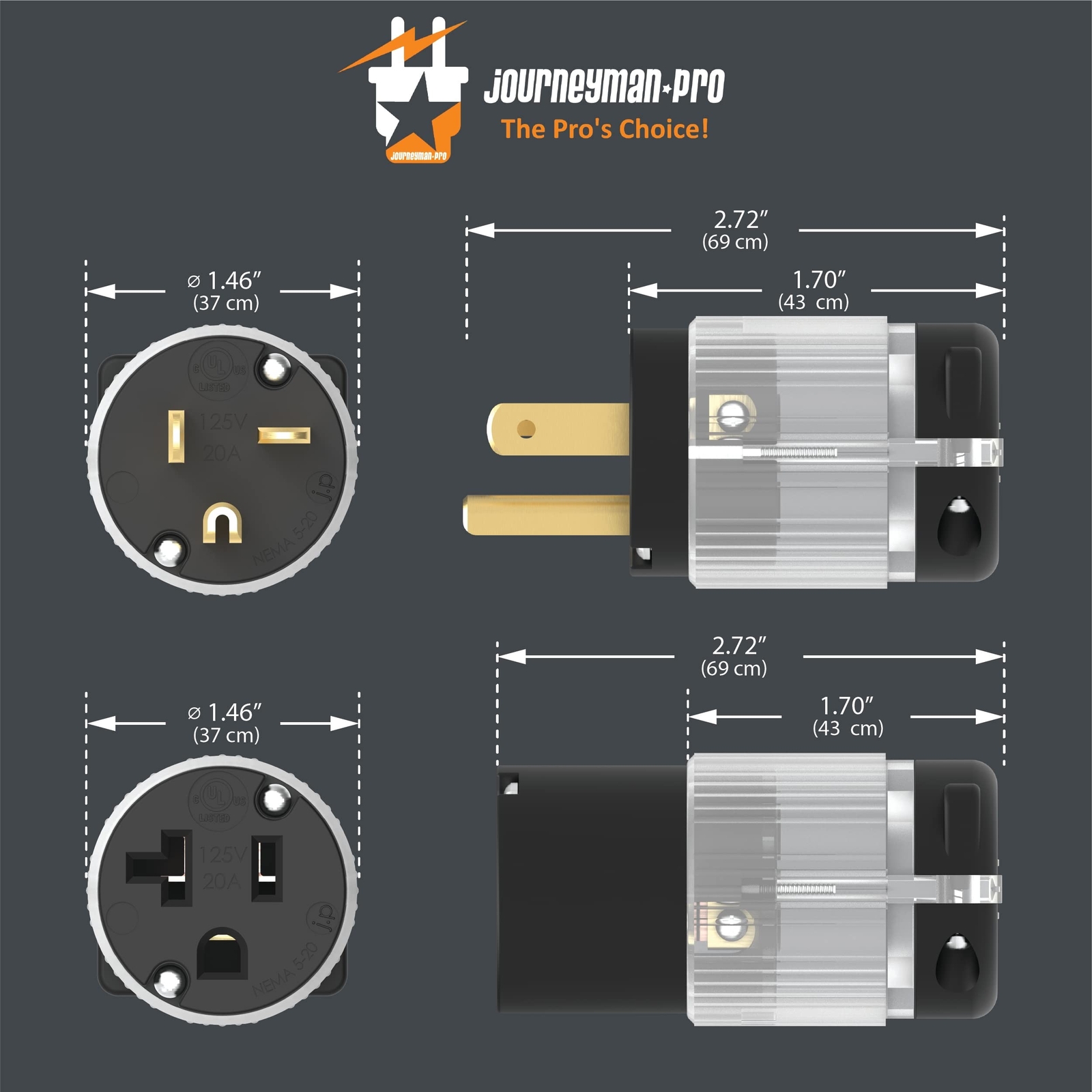 Journeyman-Pro HJP-520PC-LIT Lighted Plug & Connector Set 20 Amp 120-125 Volt…