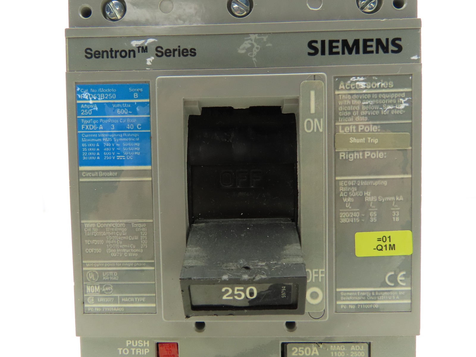 Siemens FXD63B250 Sentron Circuit Breaker 250A 3 Pole 600V FXD6-A Magnetic Adj