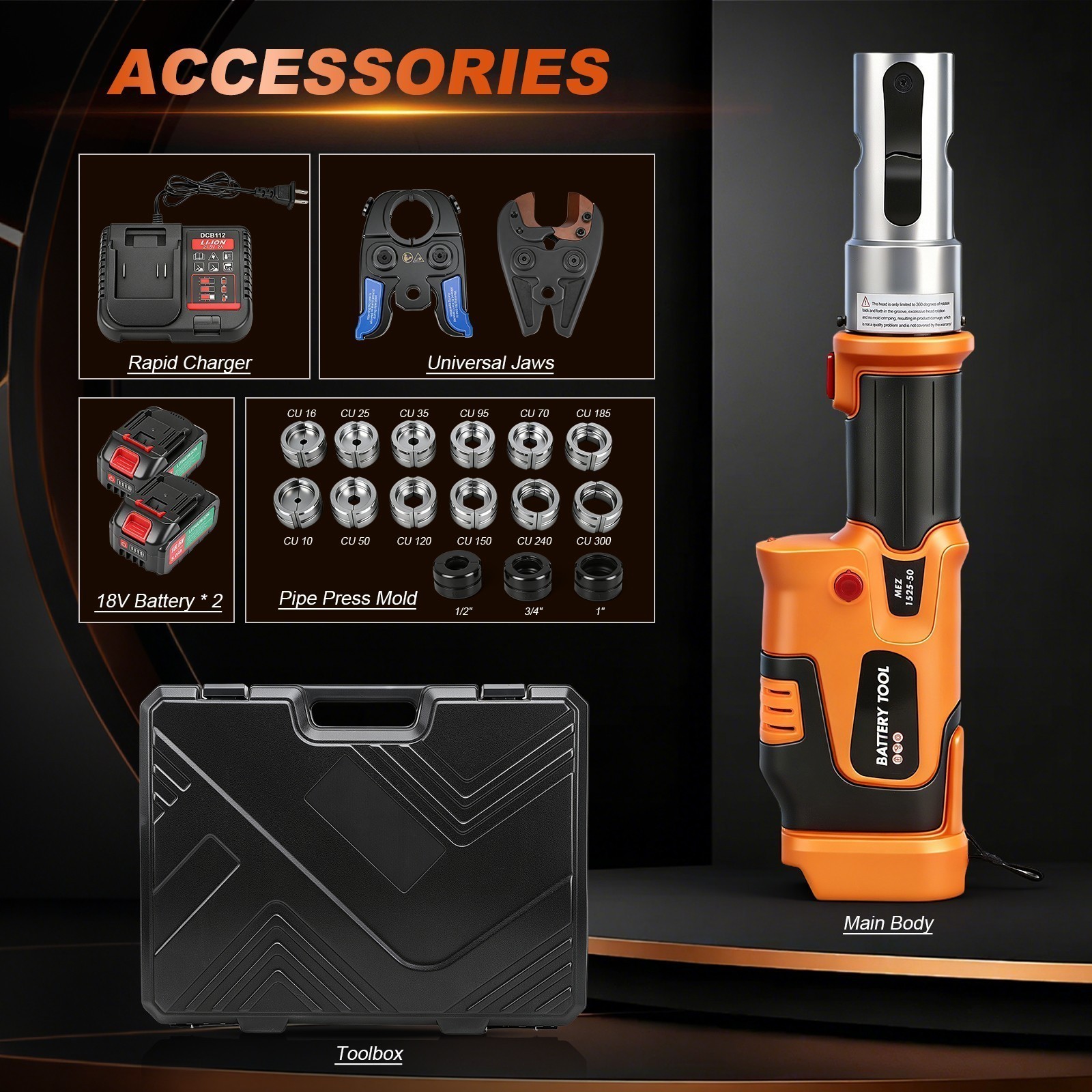 Compact Propress Tool Universal Jaws with 2 18V 5.0AH Batteries for Copper Pipe