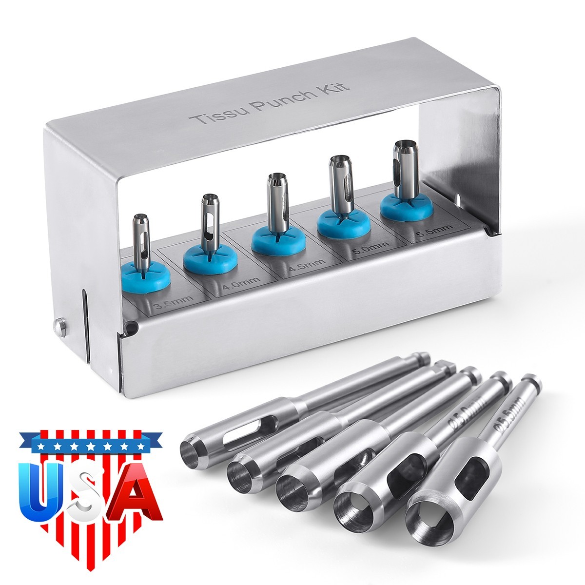 5 Pcs Dental Implant Tissue Punch Kit set Surgical Surgery With Box Holder