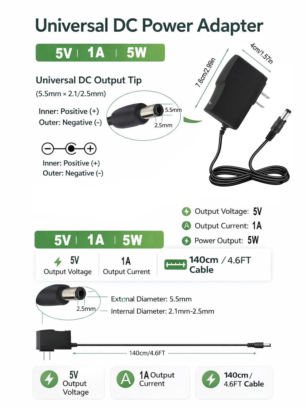 5V 1A Power Supply 5W AC Adapter 100-240V 50-60Hz to DC 5 Volt 1 Amp Universa…