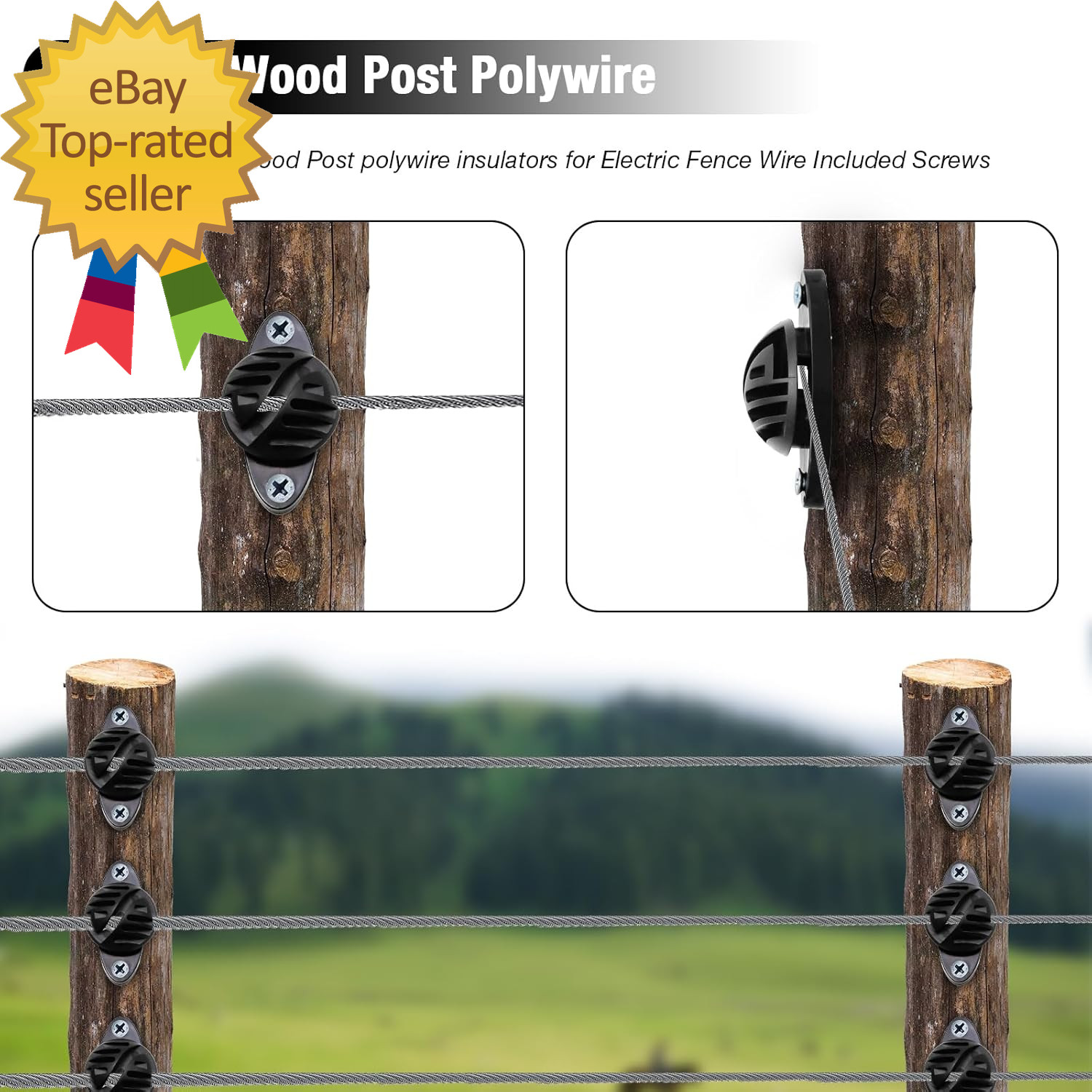 100 PCS Electric Fence Insulator with Screws, Black Wood Post Polywire Insulator