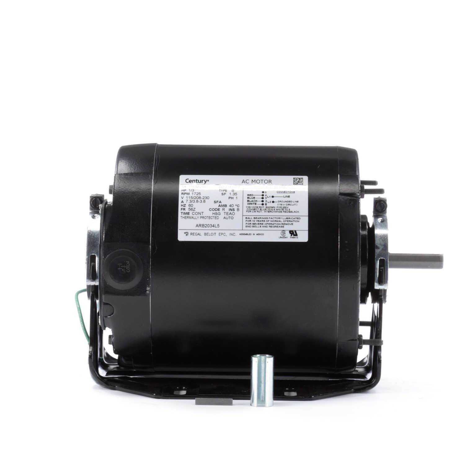 Century ARB2034L5 Electric Motor 1/3 HP 1800 Rpm 1-PH 115/208-230 volt 56Z Frame