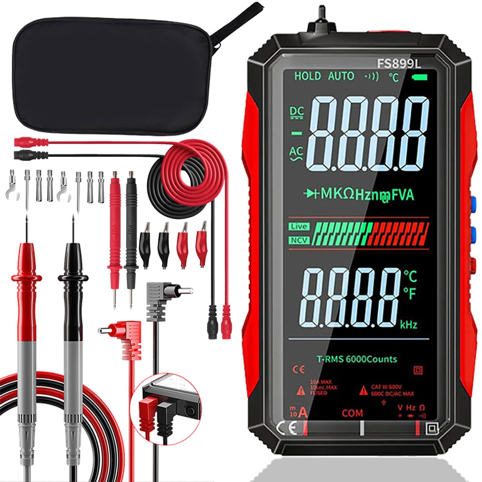 FS899L Digital Multimeter True RMS Auto-Ranging 6000 Counts USB-C Test Leads