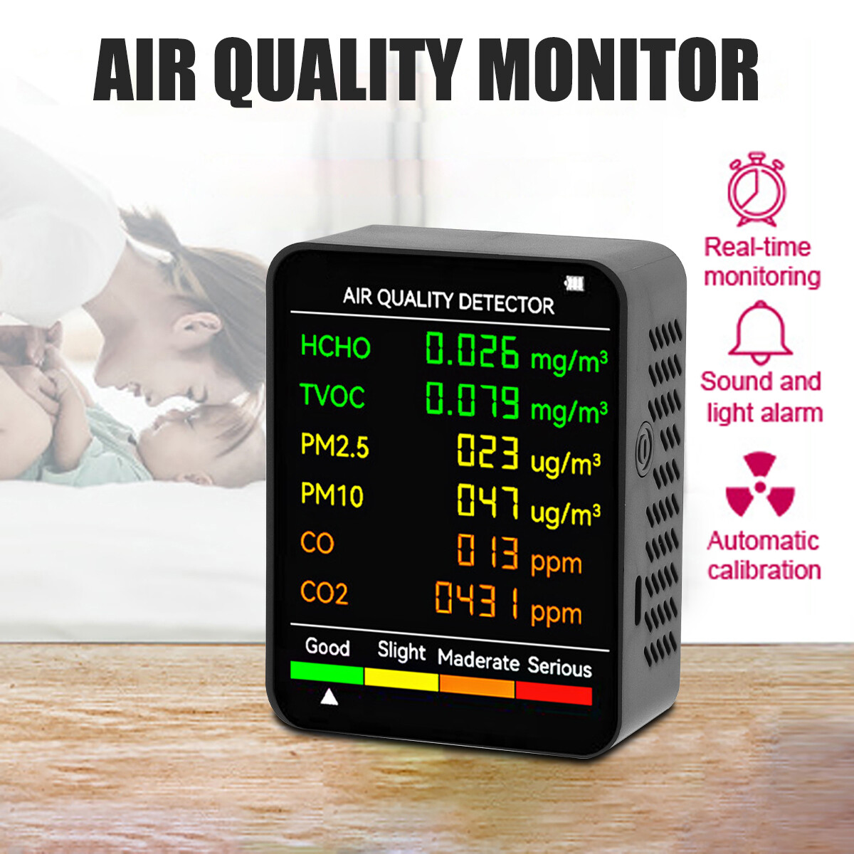6-in-1 CO2 Detector Monitor, Indoor Air Quality Monitor with Real-Time CO2