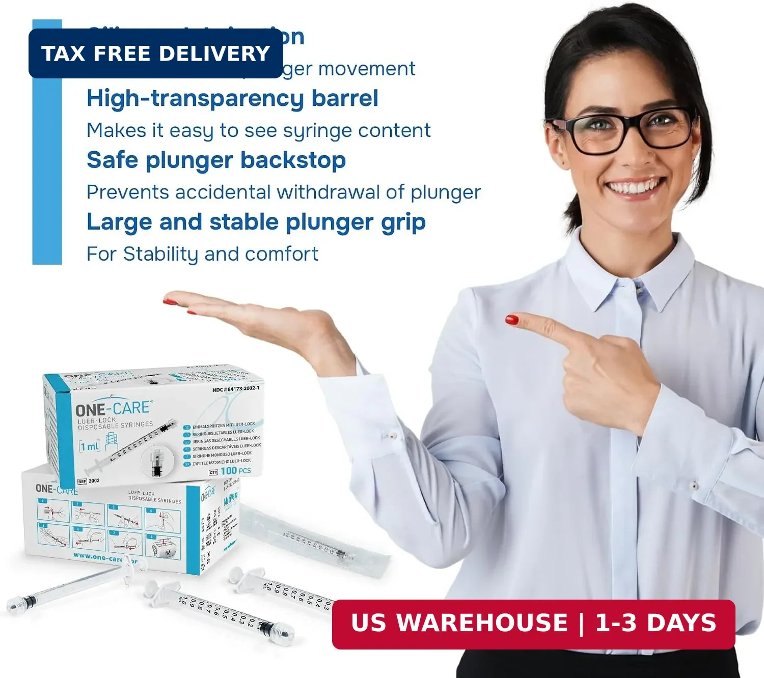 ONE-CARE 1ml (1cc) Luer Lock Syringe, box of 100 pcs Individually Packed | High-