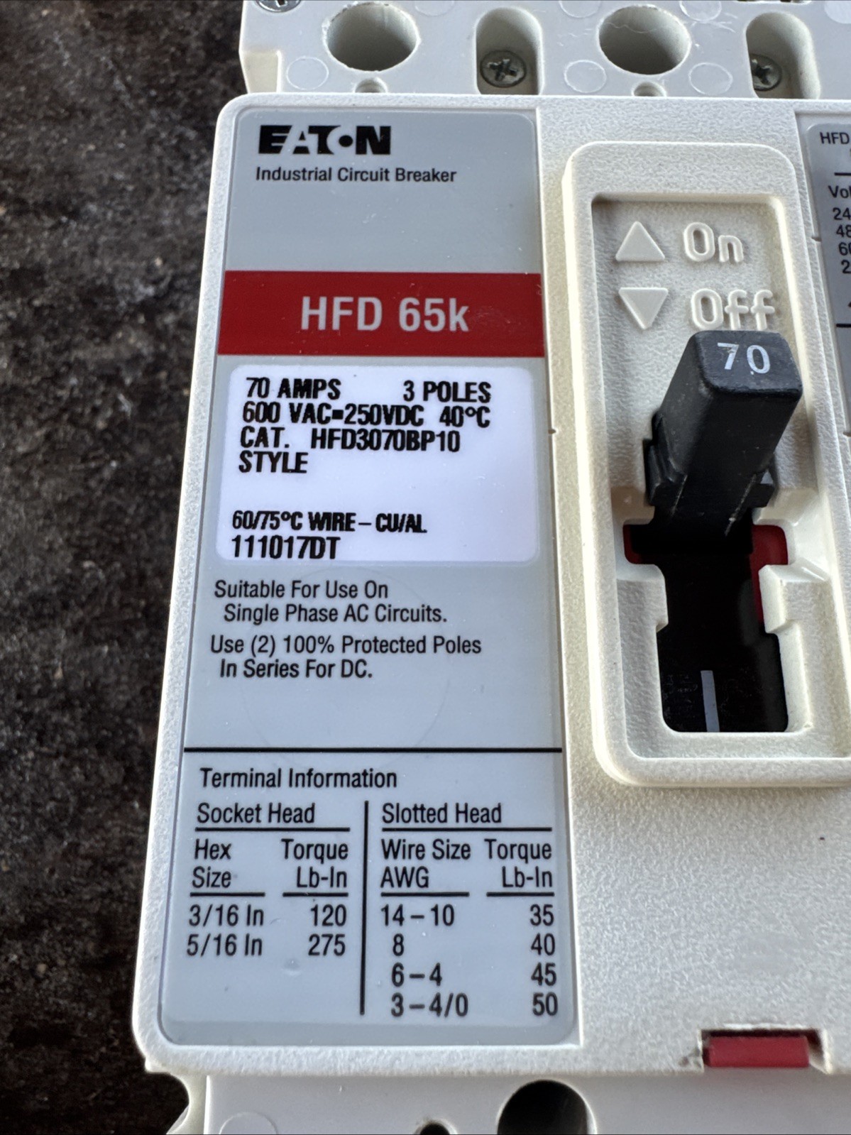 EATON HFD3070 70A 600V 3P 65kA@480V INDUSTRIAL CIRCUIT BREAKER