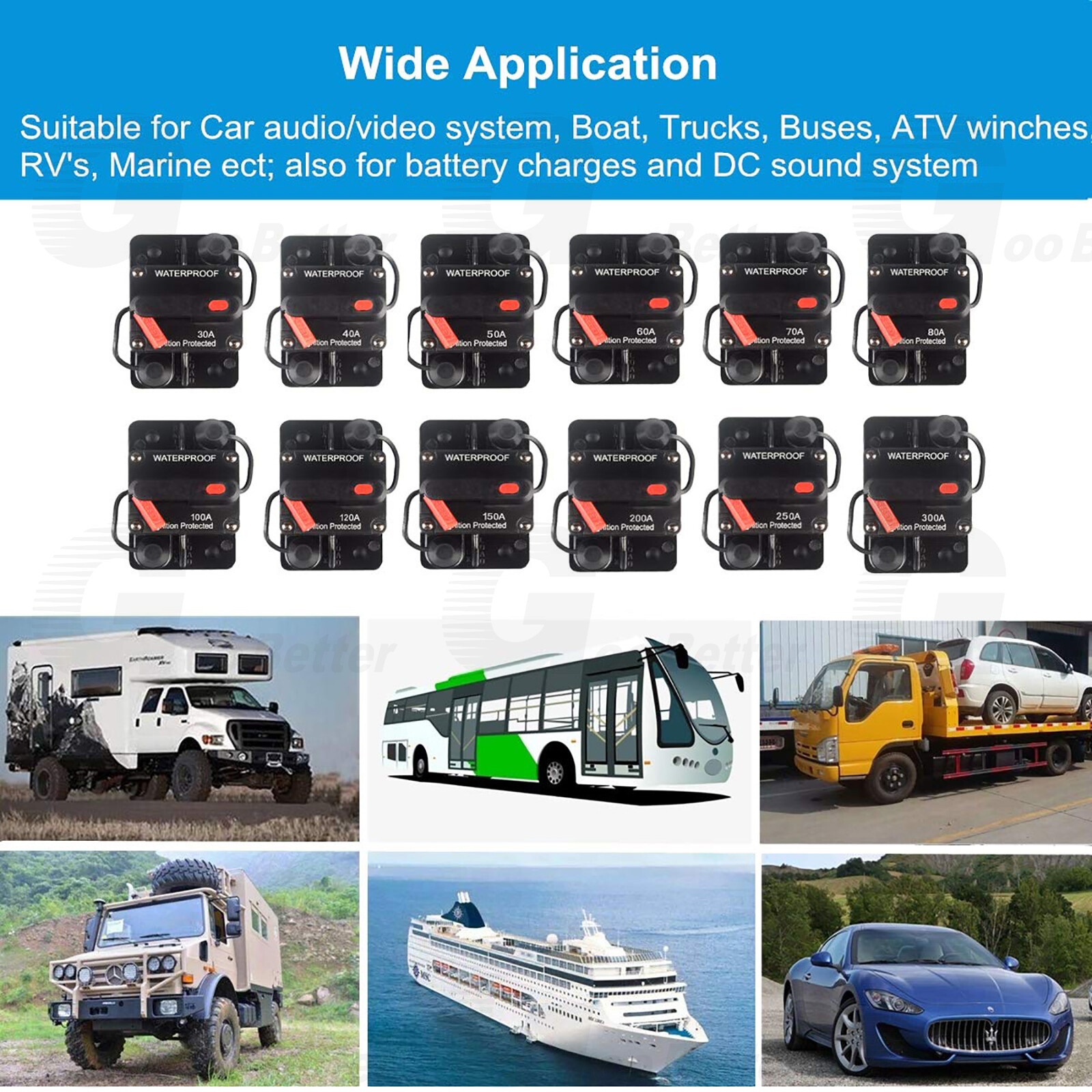 30-300Amp Waterproof Car Circuit Breaker Fuse Reset for Boat Auto RV DC 12V-48V