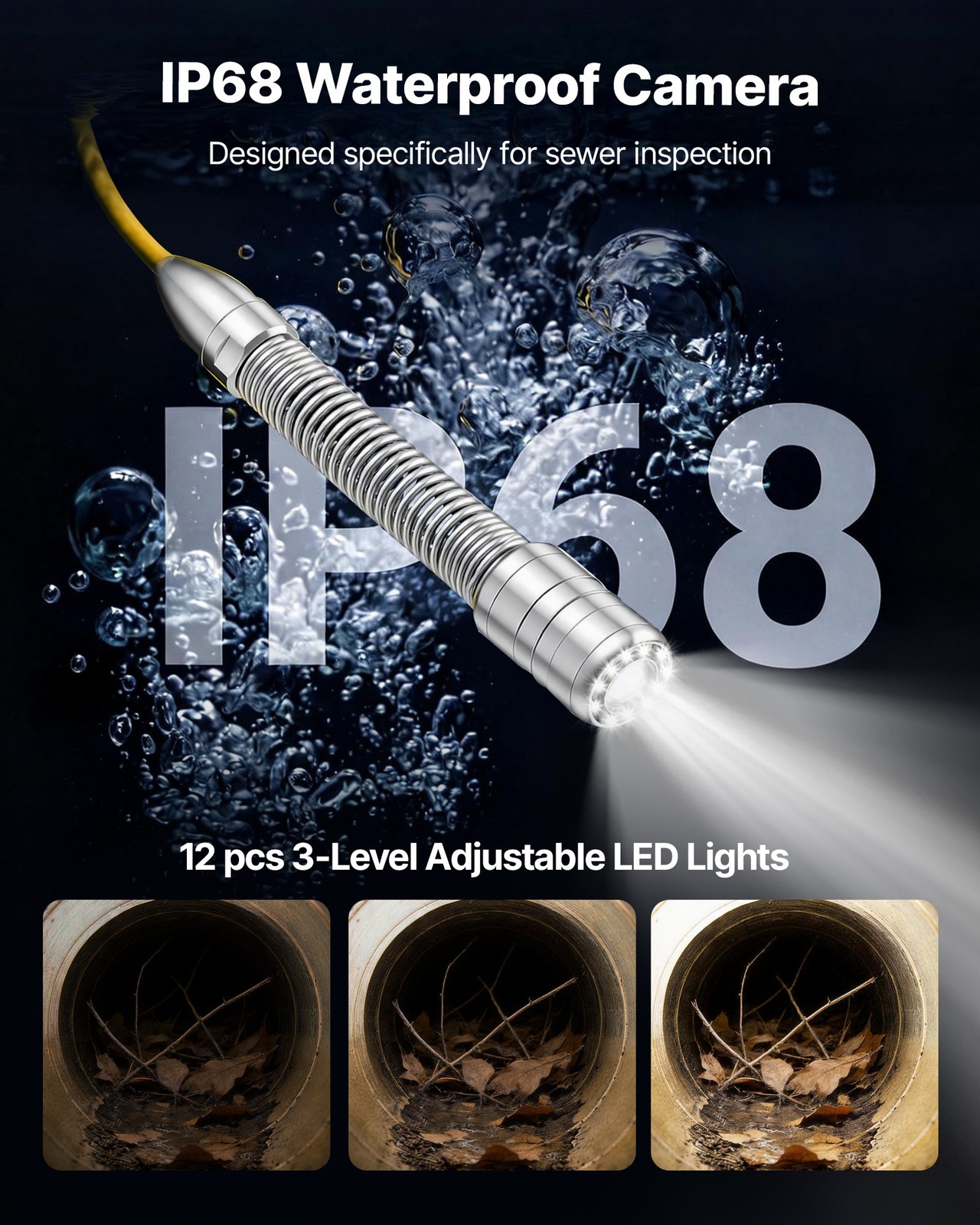 VEVOR Sewer Camera with WiFi 164ft/50m IP68 Drain Pipeline Camera 12 LED Lights