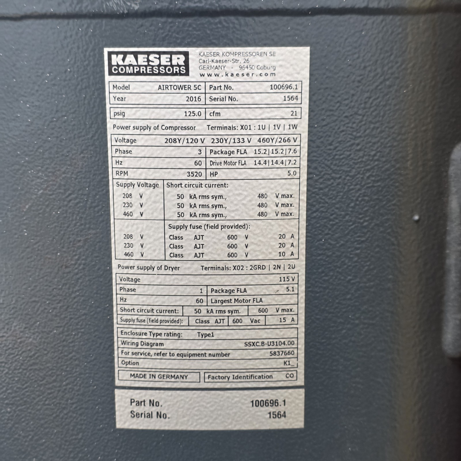 Kaeser Airtower 5C 5HP Rotary Screw Air Compressor 21 CFM 125 PSI 460V