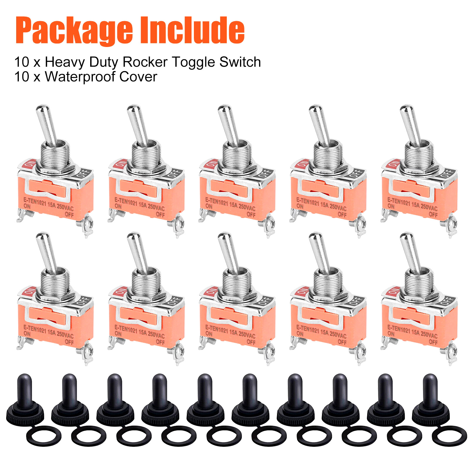10x Waterproof Heavy Duty Toggle Switch ON/OFF 2 Terminal Car Boat SPST 15A 250V