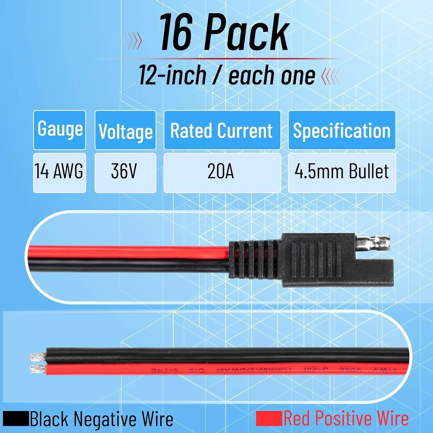 16 Pack SAE Connector 12 Inch 14 AWG Copper Wire, 2 Pin Single Plug Connector