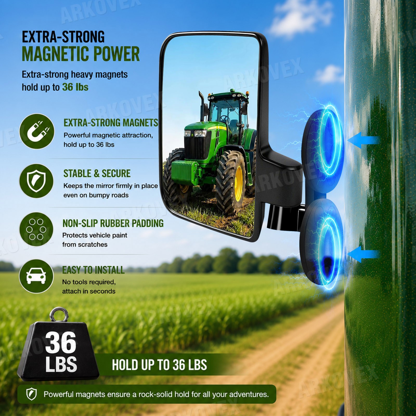 2PC Tractor Rear Side Mirrors Rated Magnetic Mirror LH& RH For Kubota John Deere