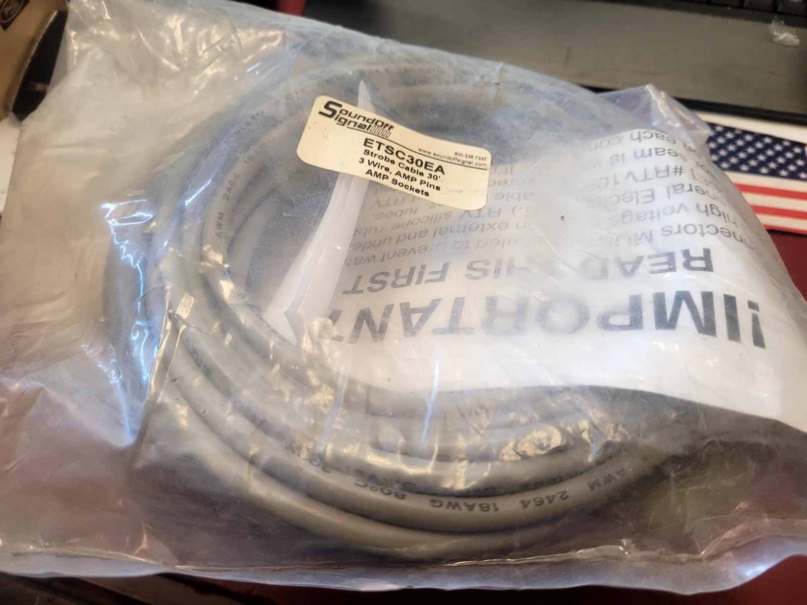 NEW SoundOff Signal ETSC30EA 30ft Shielded Strobe Cable, 3 Wire w/ AMP Connector