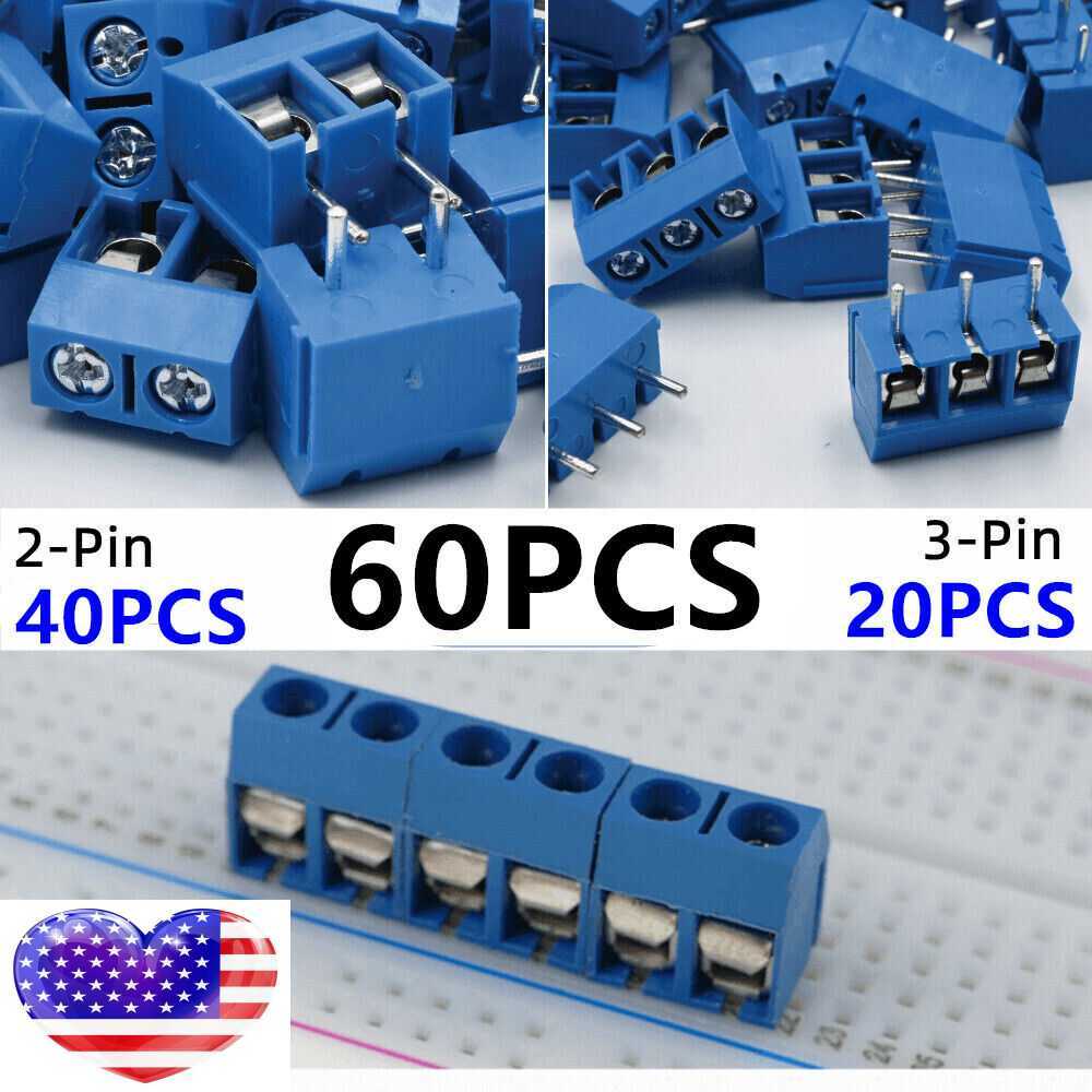 60Pcs Blue KF301-2P/3P PCB Mount Screw Terminal Block Connector 2/3Pin 5mm Pitch